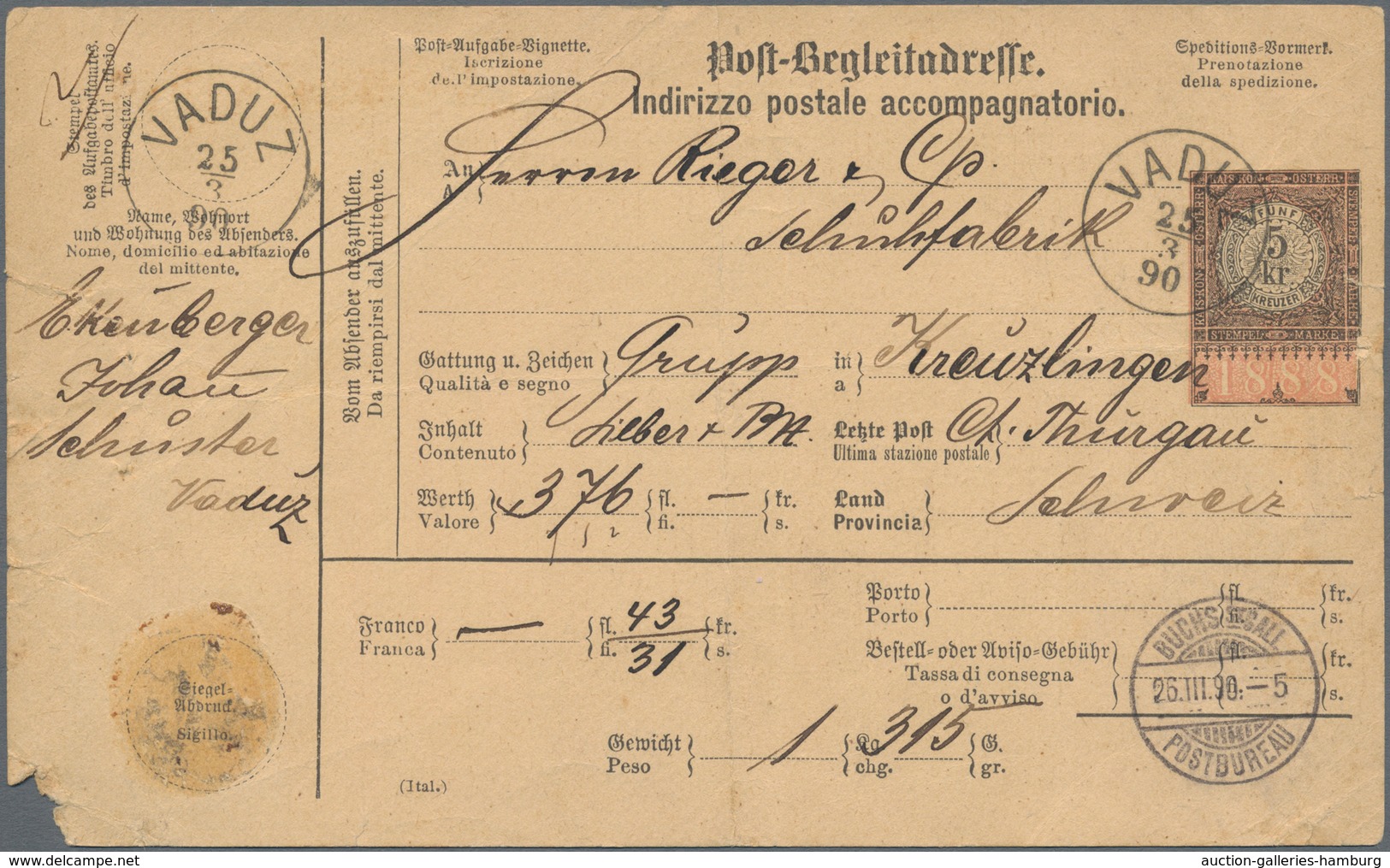 Österreich - Verwendung In Liechtenstein: 1888, Postbegleitadresse Dt.-ital.-Text (Mittelbug Und Div - Andere & Zonder Classificatie