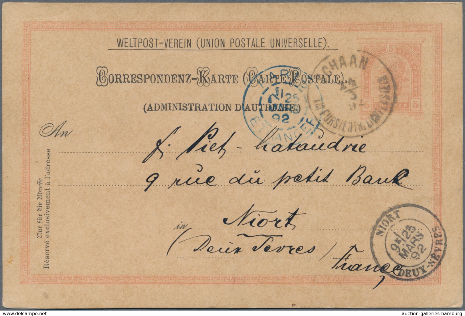 Österreich - Verwendung In Liechtenstein: 1892, Ganzsachen-Weltpostvereinkarte 5 Kr. Kaiserkopf Rot - Sonstige & Ohne Zuordnung