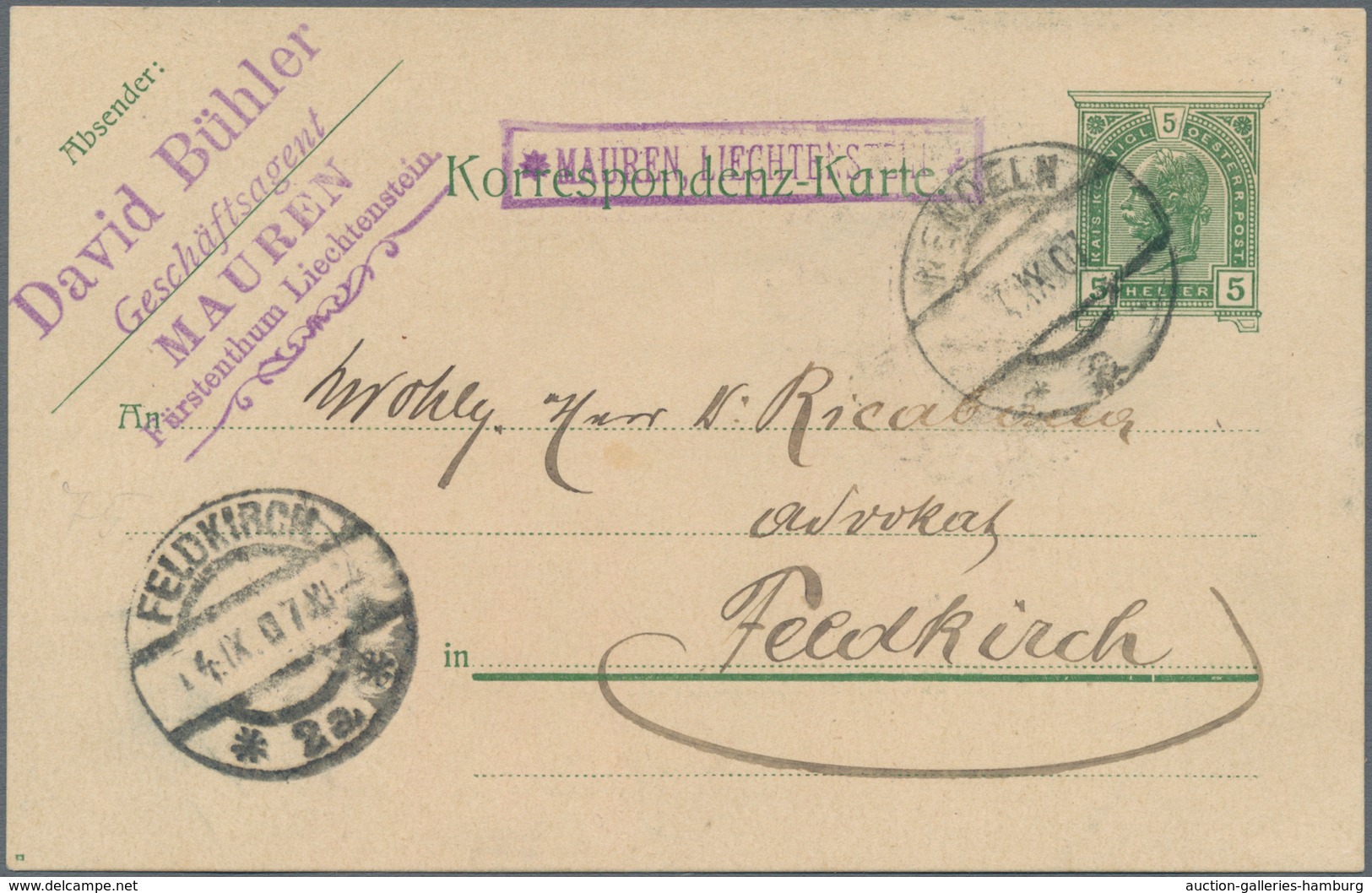 Österreich - Verwendung In Liechtenstein: 1907, Postablagestempel *MAUREN LIECHTENSTEIN* Auf 5 H. Be - Sonstige & Ohne Zuordnung