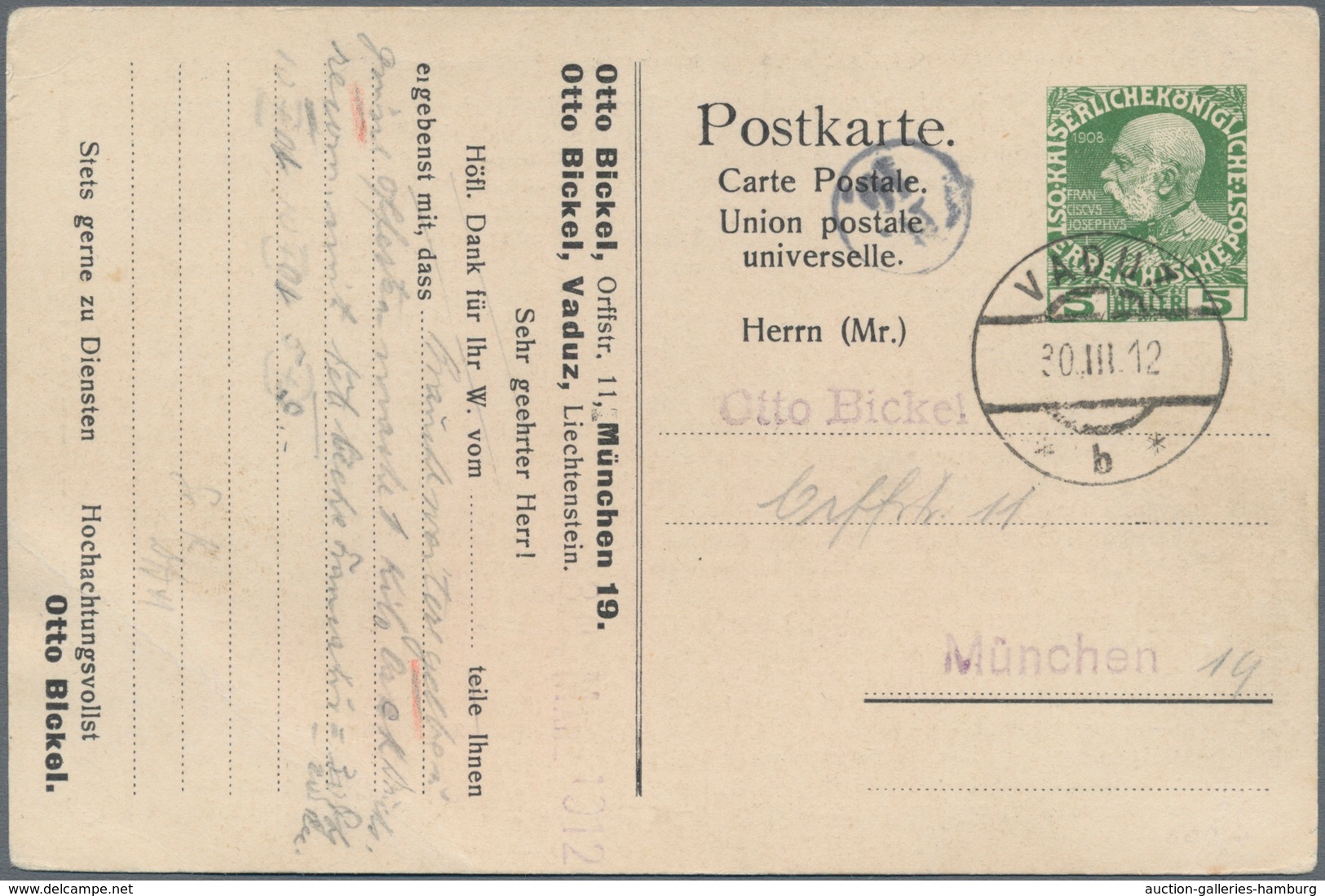 Österreich - Verwendung In Liechtenstein: 1908, Ganzsachen-Privatpostkarte 5 H. Kaiserbild Ohne Umra - Autres & Non Classés