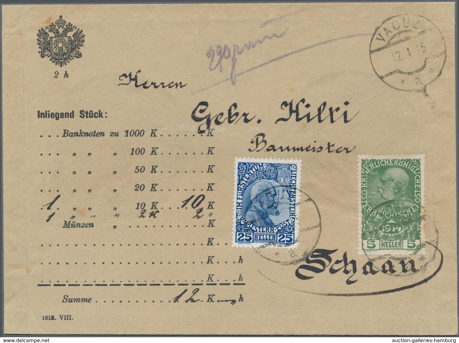 Österreich - Verwendung In Liechtenstein: 1915, Mischfrankatur Österreich/Liechtenstein 5 H. Wohltät - Other & Unclassified