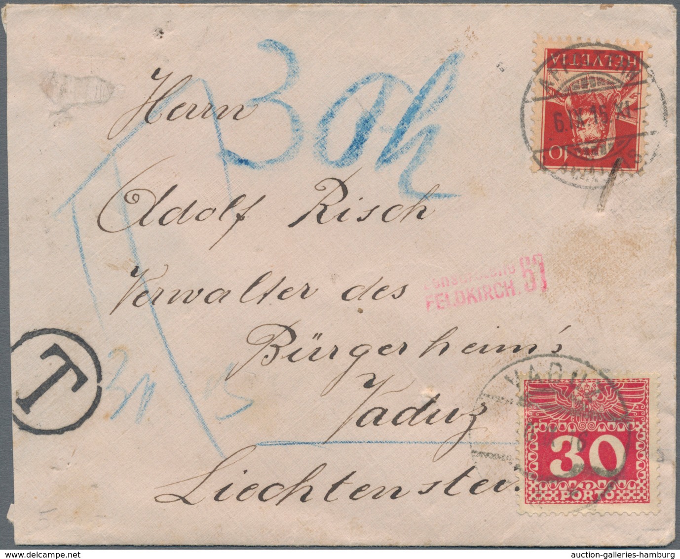 Österreich - Verwendung In Liechtenstein: 1915, Portomarke 30 H. Ziffer/Doppeladler Rot Als Nachport - Other & Unclassified