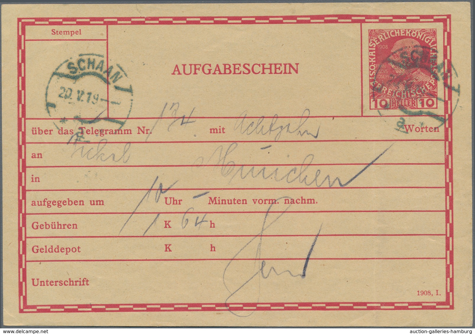 Österreich - Verwendung In Liechtenstein: 1919, Telegramm-Aufgabeschein (leichte Bugspur) Mit Einged - Other & Unclassified