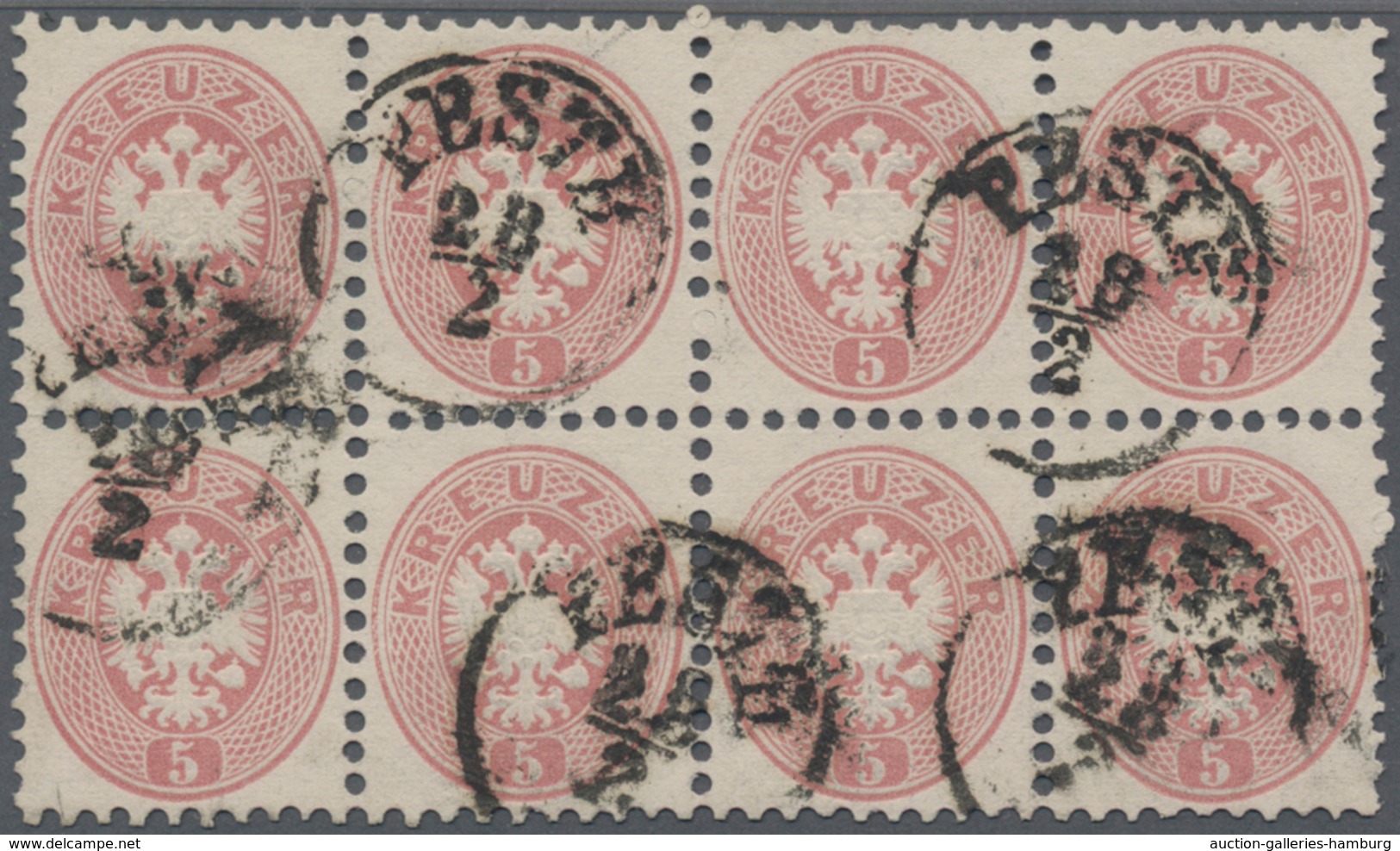 Österreich - Verwendung In Ungarn: 1863/1864, 5 Kr. Rosa, Waagerechter 8er-Block (mittig Rechts Etwa - Autres & Non Classés