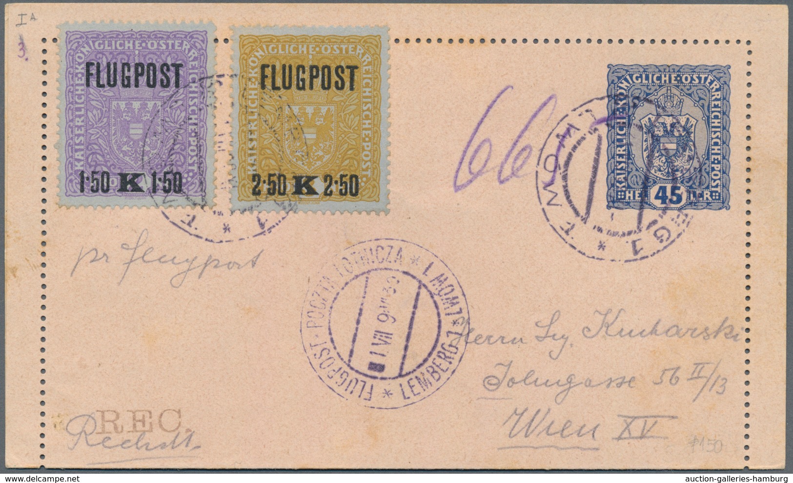 Österreich - Flugpost: 1918. 45 H Blau/hellrose Kartenbrief, Als Luftpost-Einschreiben Nach Wien, Au - Autres & Non Classés