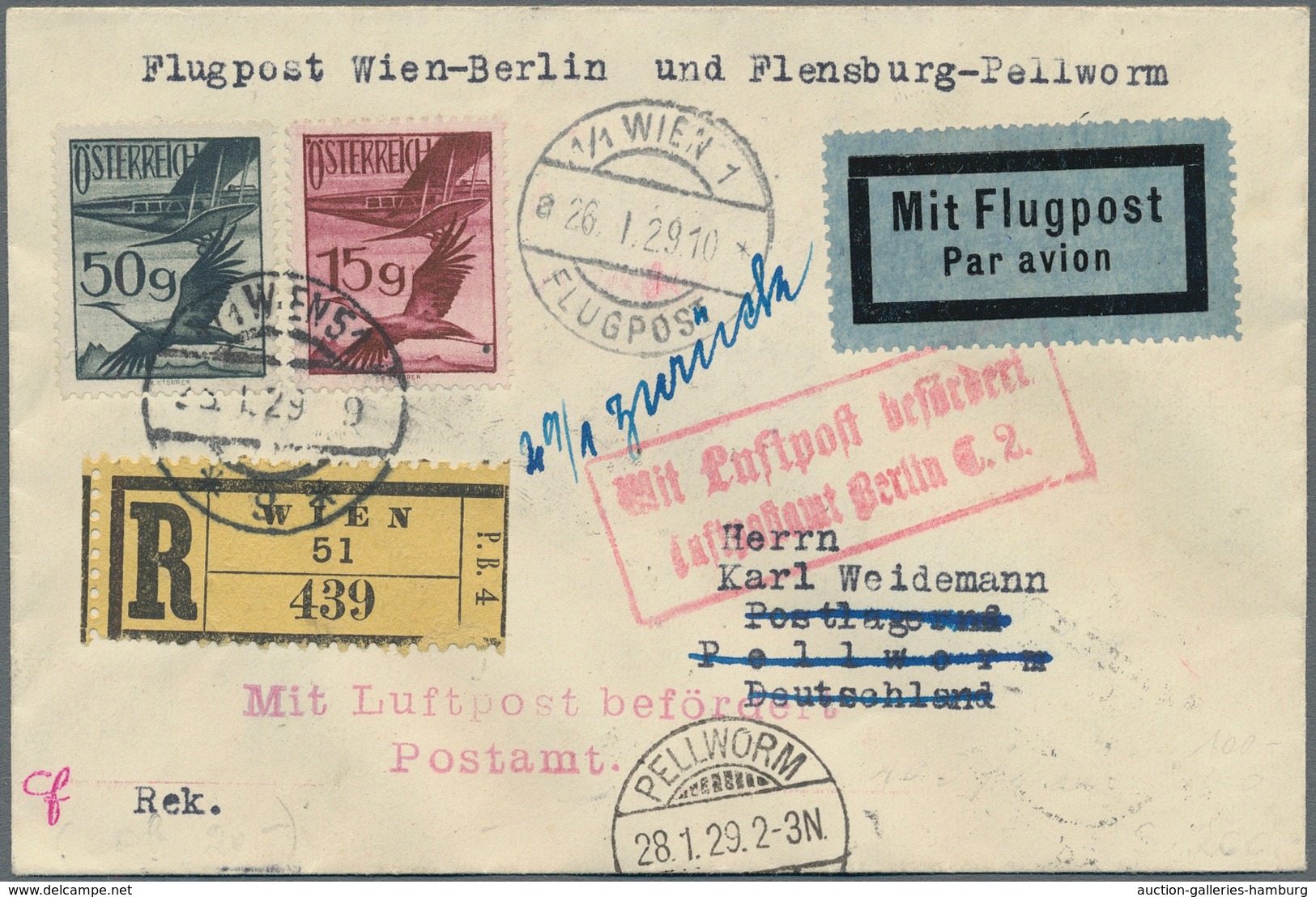 Österreich - Flugpost: 1929, R-Flugpostbrief Mit Frankatur 15 Gr. Und 50 Gr. Flugpost Ab "WIEN 26.I. - Autres & Non Classés