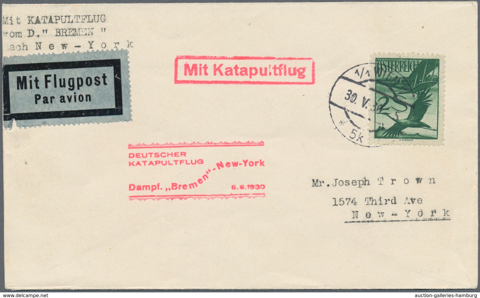Österreich - Flugpost: 1930, Katapultpost, Vertragsstaaten: Brief Ab WIEN Mit Rotem Bestätigungsstem - Other & Unclassified