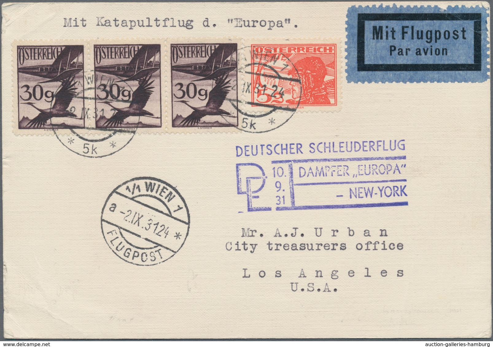 Österreich - Flugpost: 1931, Katapultpost, Vertragsstaaten: Postkarte Ab WIEN Adressiert Nach Los An - Autres & Non Classés