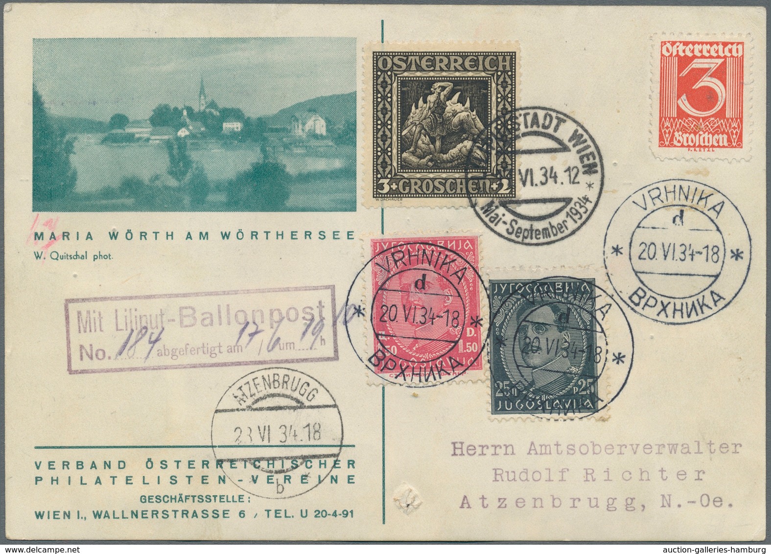 Österreich - Flugpost: 1934, 17.6., Liliput-Ballonpost, Karte Ab "WIEN 17.VI.34" Sowie Nebengesetzte - Autres & Non Classés