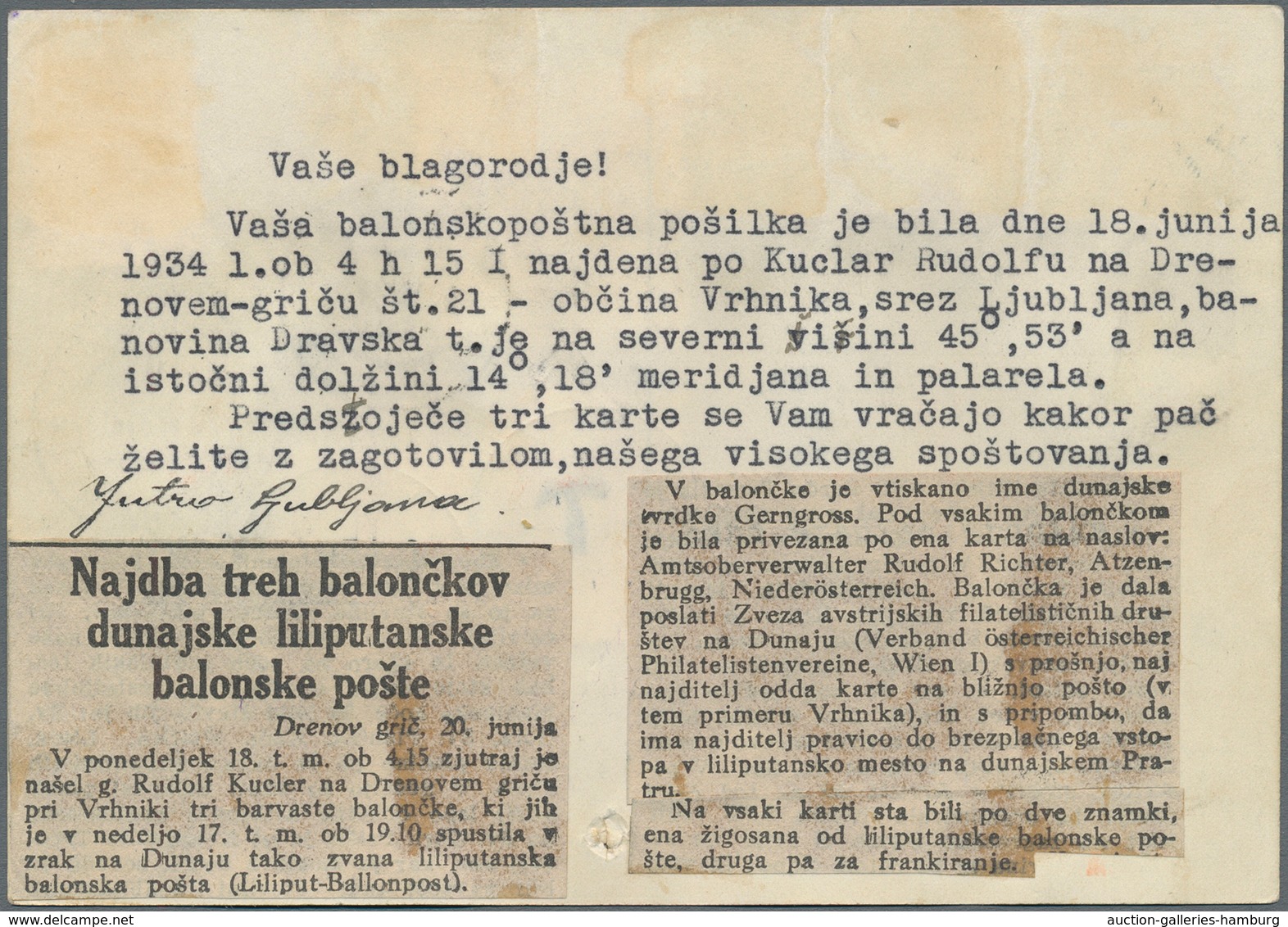 Österreich - Flugpost: 1934, 17.6., Liliput-Ballonpost, Karte Ab "WIEN 17.VI.34" Sowie Nebengesetzte - Autres & Non Classés