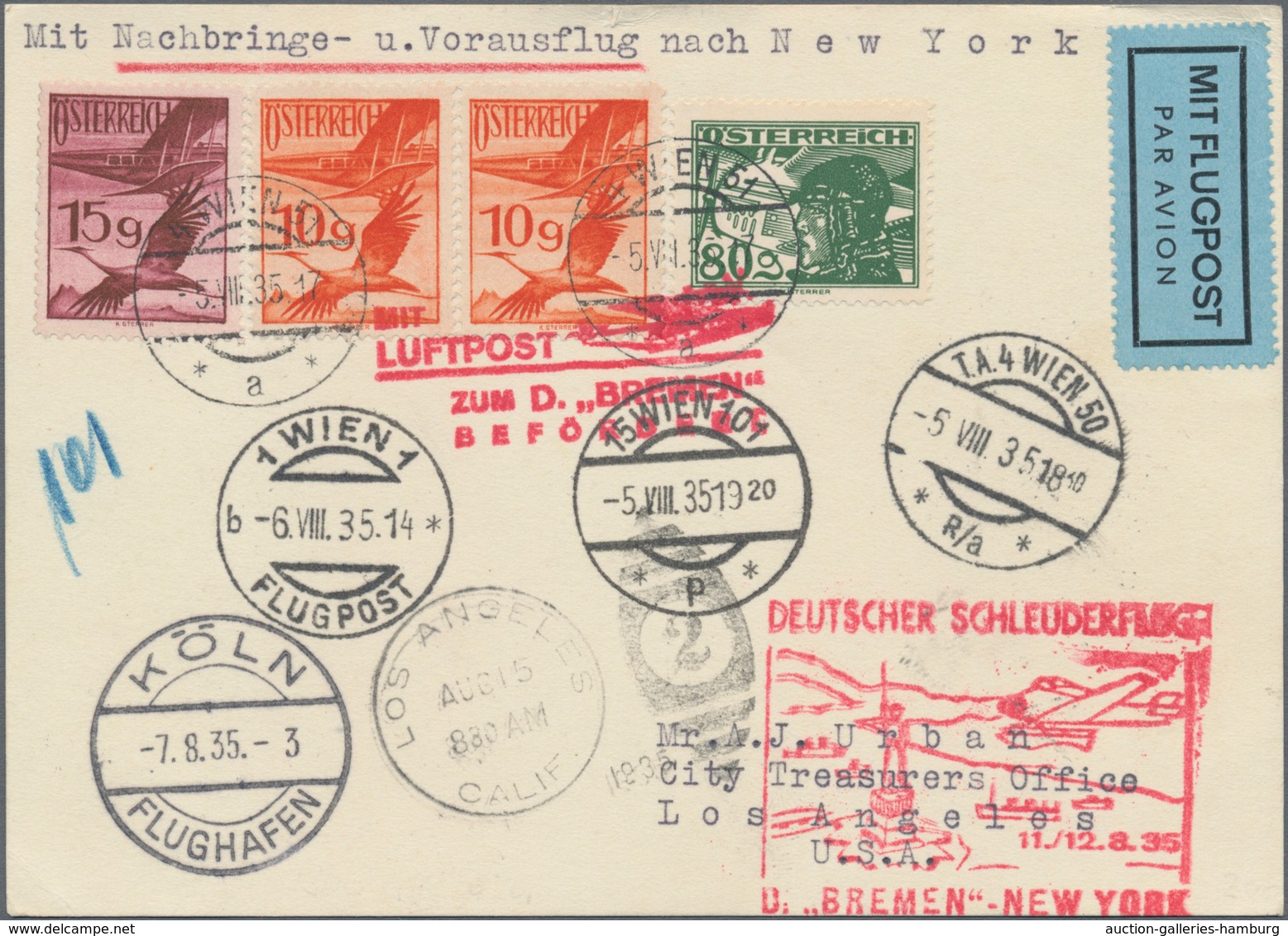 Österreich - Flugpost: 1935, Katapultpost, Vertragsstaaten: Postkarte Ab WIEN Mit Rohrpost-Minutenst - Other & Unclassified