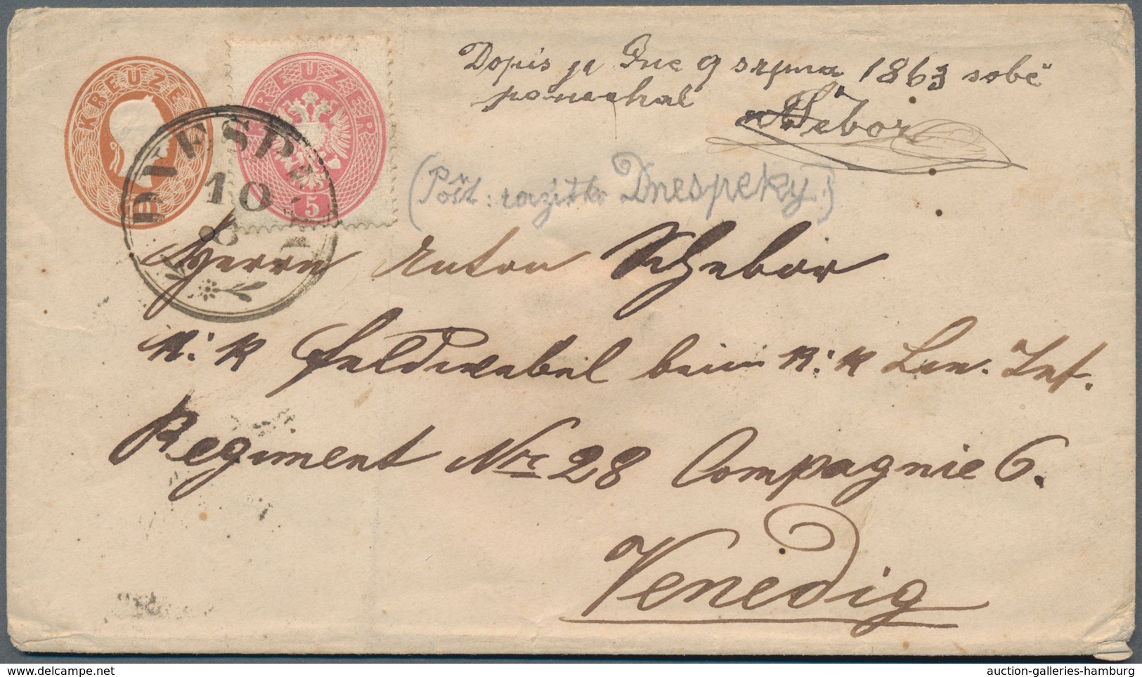 Österreich - Ganzsachen: 1861, 10 Kreuzer Ganzsache Und 5 Kr, Entwertet "DNESPEKY" Nach Venedig, Sen - Other & Unclassified