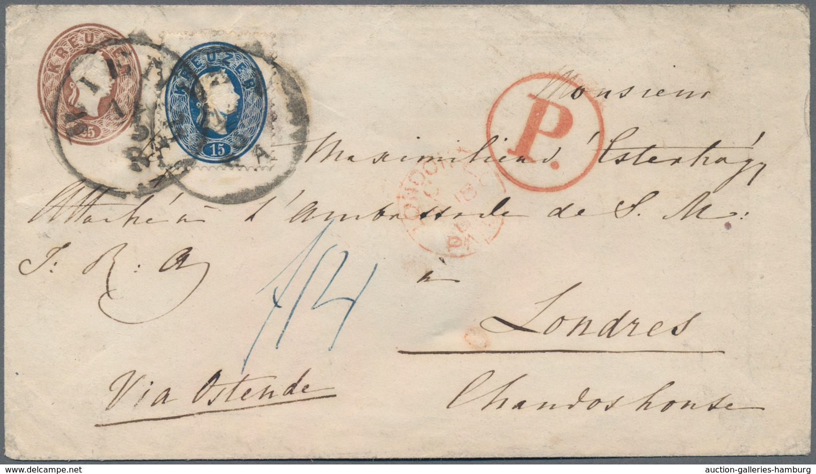 Österreich - Ganzsachen: 1864, Ganzsachenumschlag 25 Kr. Violett Mit Zusatzfrankatur 15 Kr. Blau Von - Autres & Non Classés