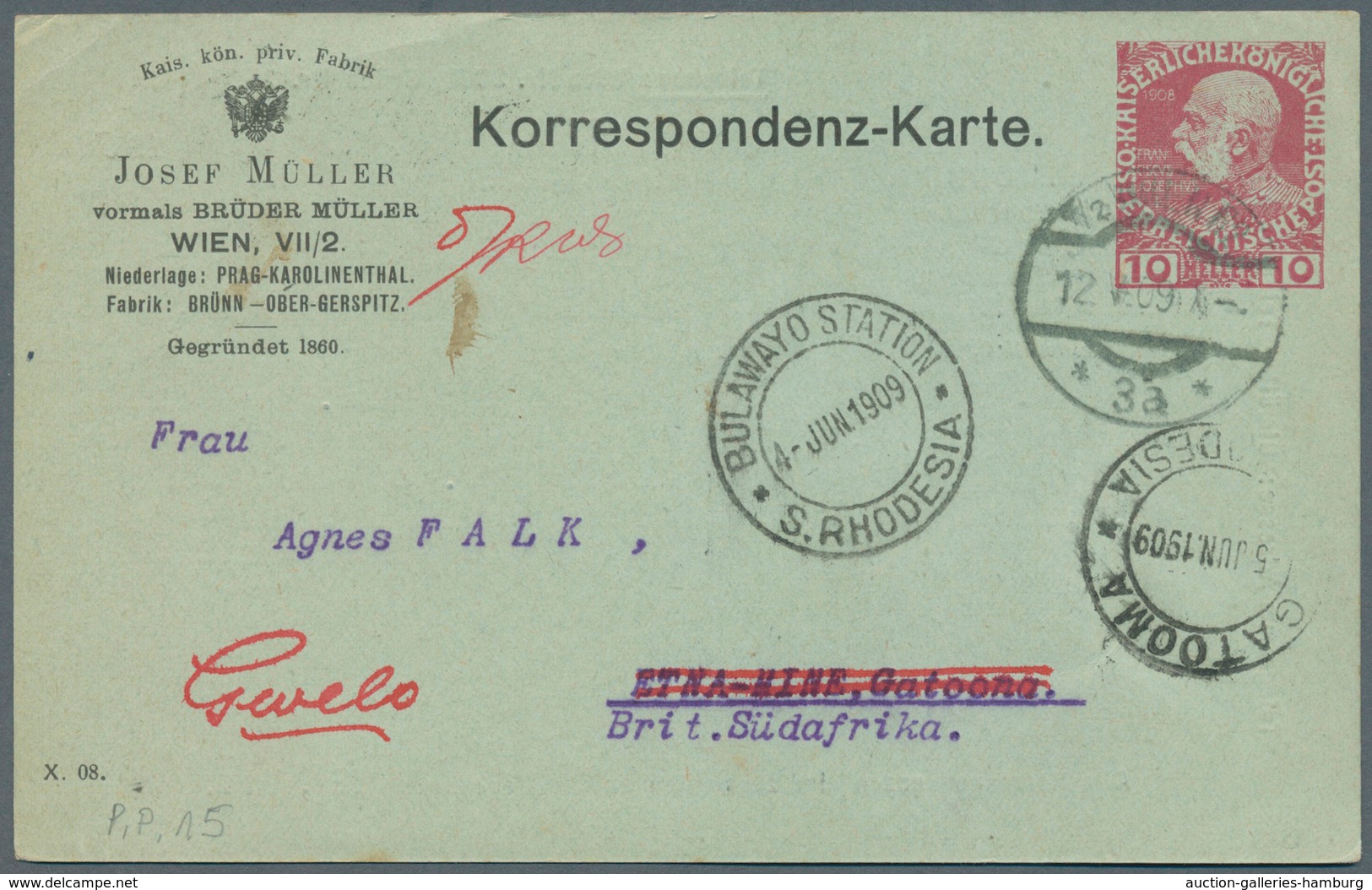 Österreich - Privatganzsachen: 1909, 10 H FJ Privat-GSK Der Fa. J. Müller Von Wien, 12.5.1909, Nach - Other & Unclassified