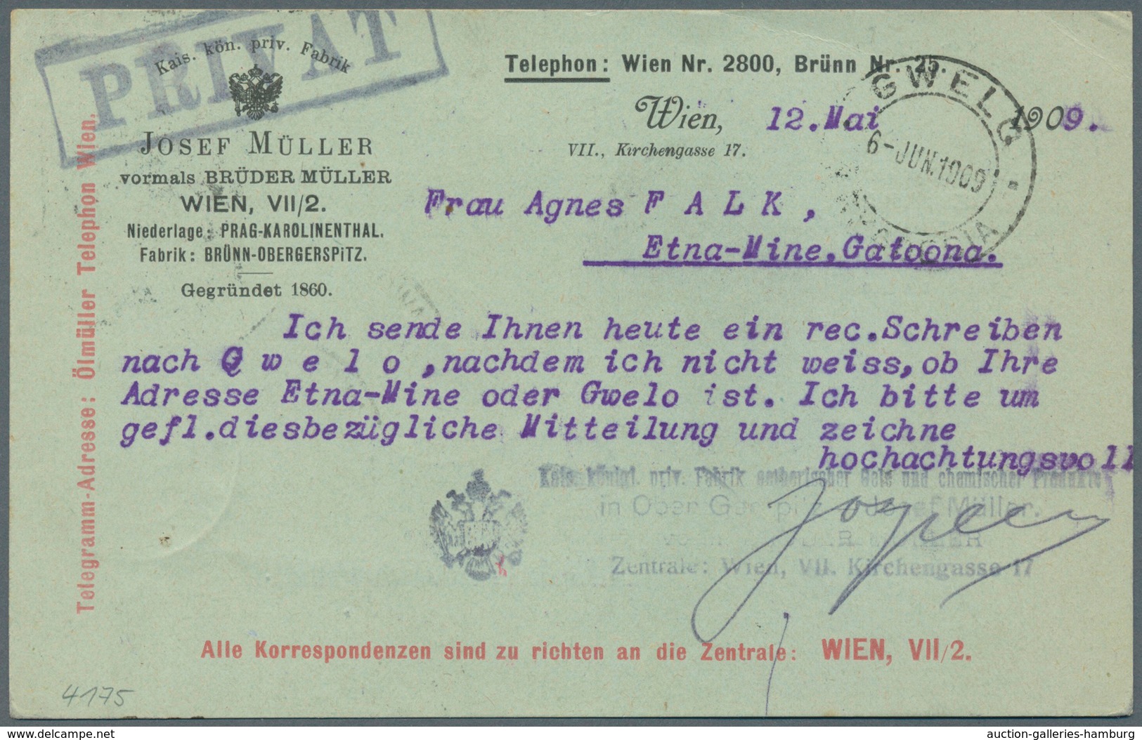 Österreich - Privatganzsachen: 1909, 10 H FJ Privat-GSK Der Fa. J. Müller Von Wien, 12.5.1909, Nach - Altri & Non Classificati