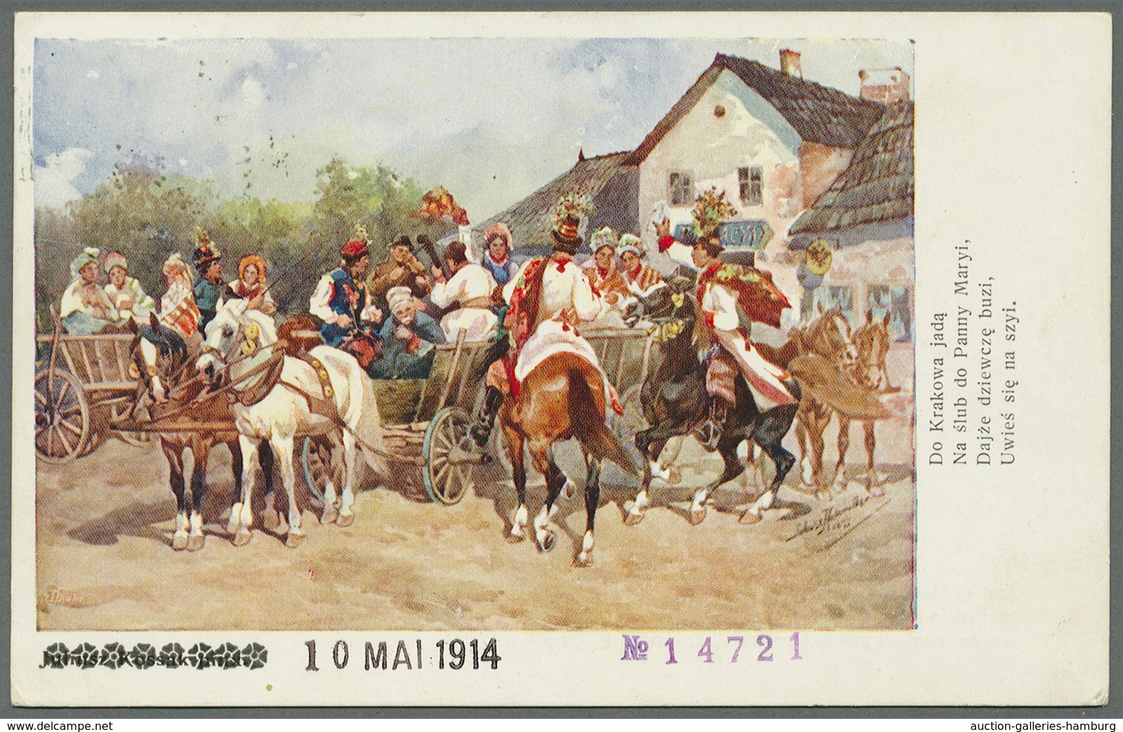 Österreich - Sonderstempel: 1912 (16.8.), Farbige Künstlerkarte 'Do Krakowa Jada, Na Slub Do Panny M - Machines à Affranchir (EMA)