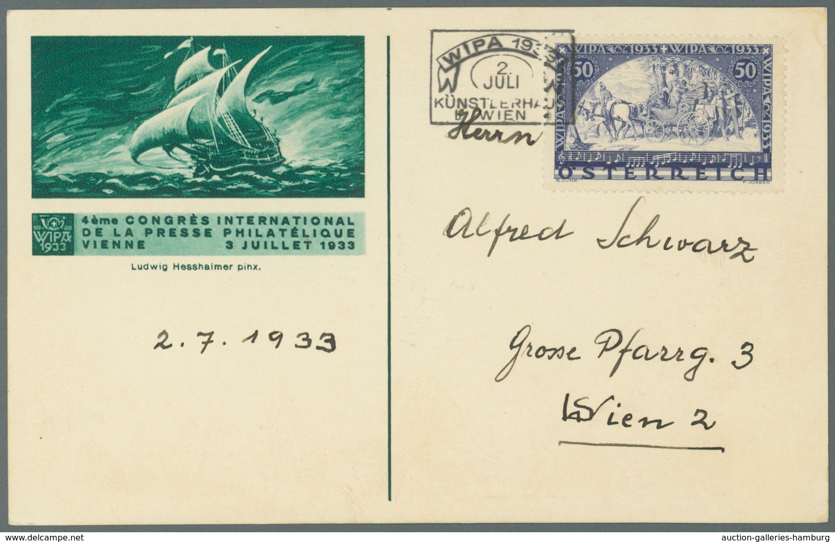 Österreich - Sonderstempel: 1933 (2.7.), WIPA-Postkarte (Segelschiff) Mit WIPA Glatt Und So.-Stpl. ' - Maschinenstempel (EMA)