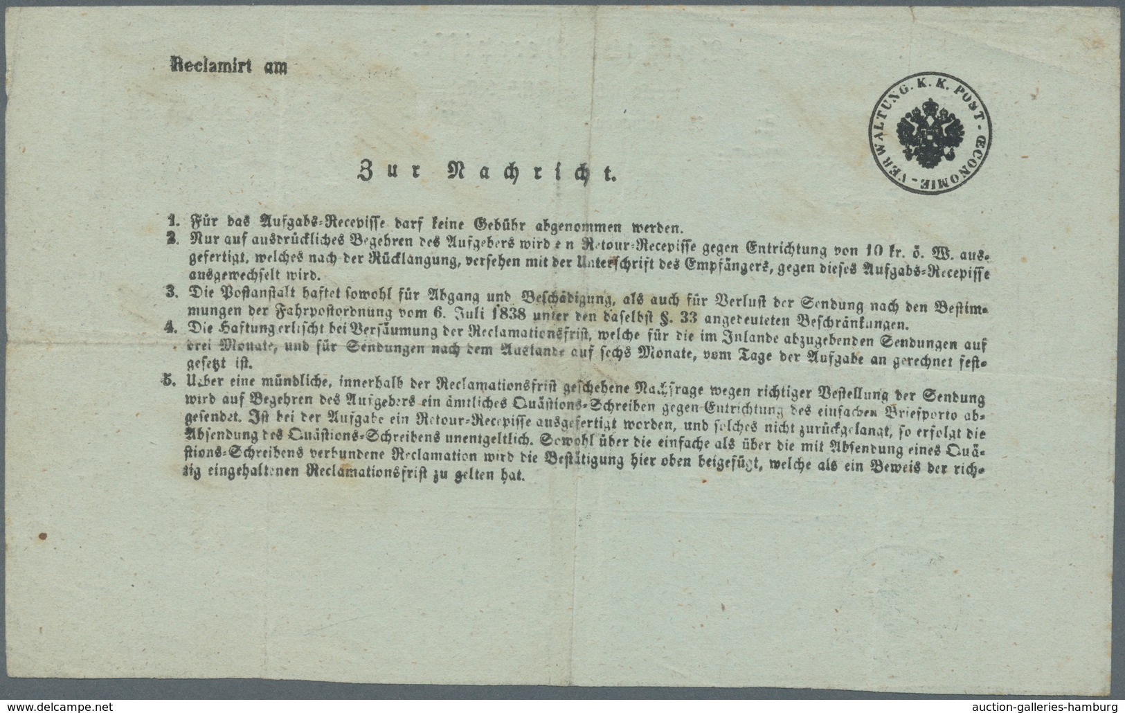 Österreich - Besonderheiten: 1859, “Aufgabe Recepisse” (Drucksorte Nr. 420) Für Einen 7/8 Loth Schwe - Sonstige & Ohne Zuordnung