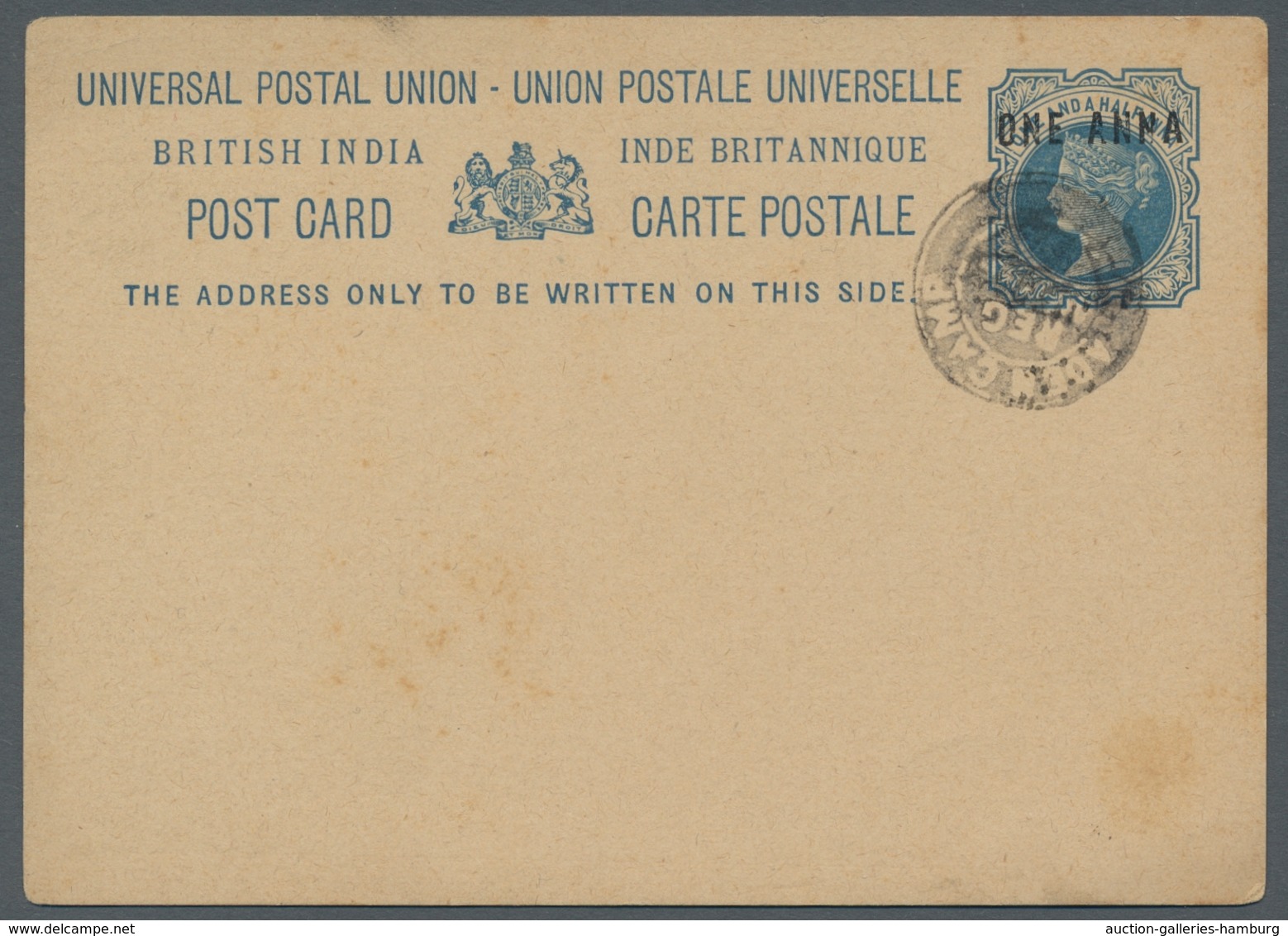 Aden: 1892 (approx.), Indian Postal Stationery Card 1 Anna On 1½ Anna Blue Cancelled With Seal Of Ap - Jemen
