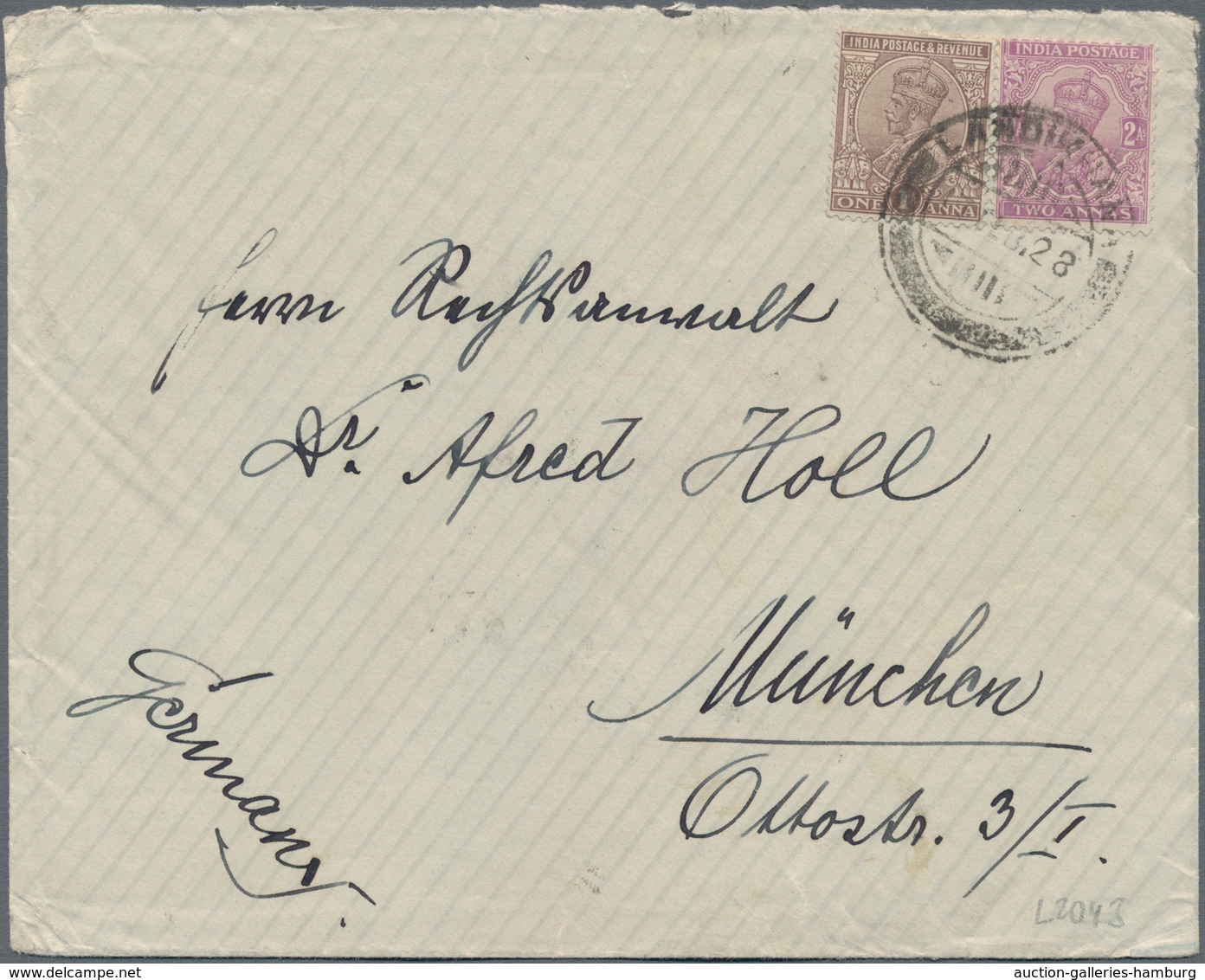 Afghanistan: 1928, 9.2. Letter To Munich With Double Franking Afghanistan And 1 Anna KE VII Two Stam - Afganistán