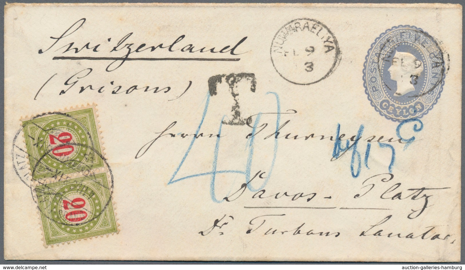 Ceylon / Sri Lanka: 1893, Envelope QV 5 C. Dull Blue Canc. "NUWARAELIYA FE 9 (9)3" To Davos-Platz/Sw - Sri Lanka (Ceylon) (1948-...)