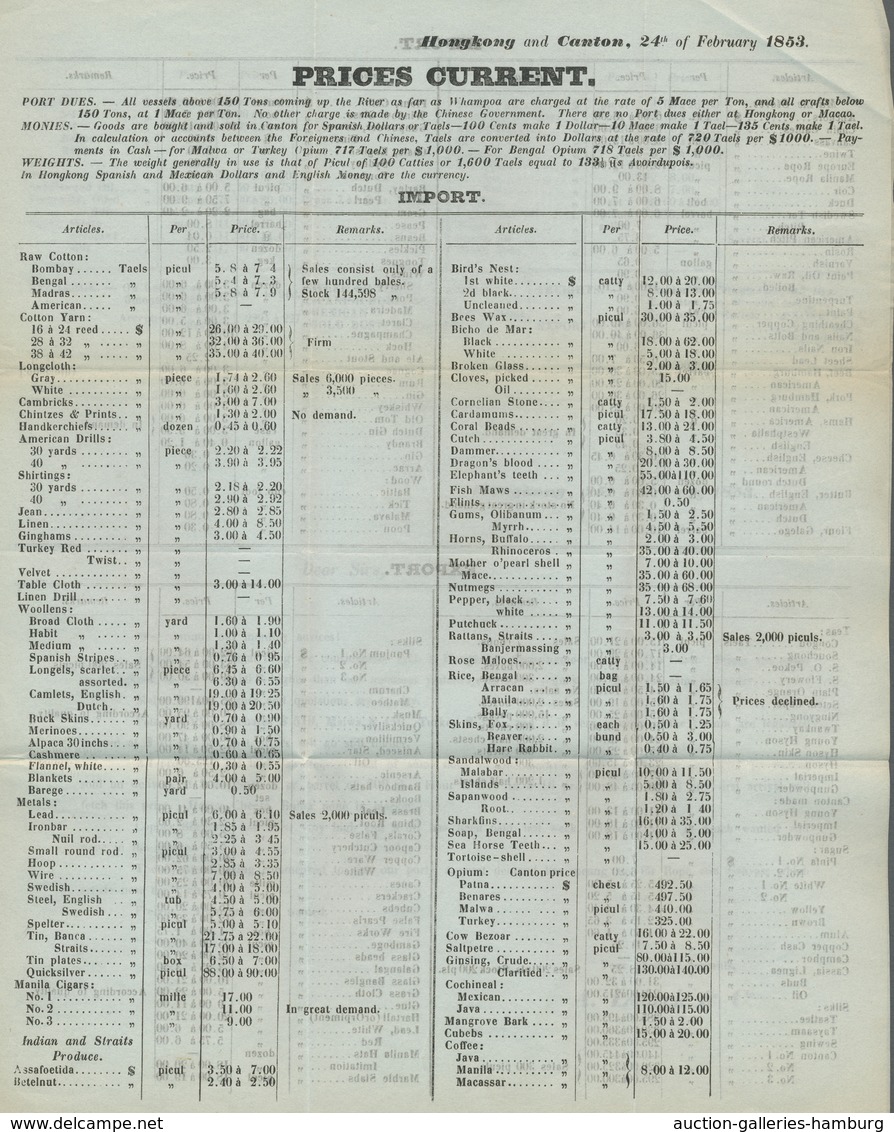 China: 1853, "Prices Current" From The Company A. Luebeck & Co In Hongkong And Canton With Prices Fo - Sonstige & Ohne Zuordnung