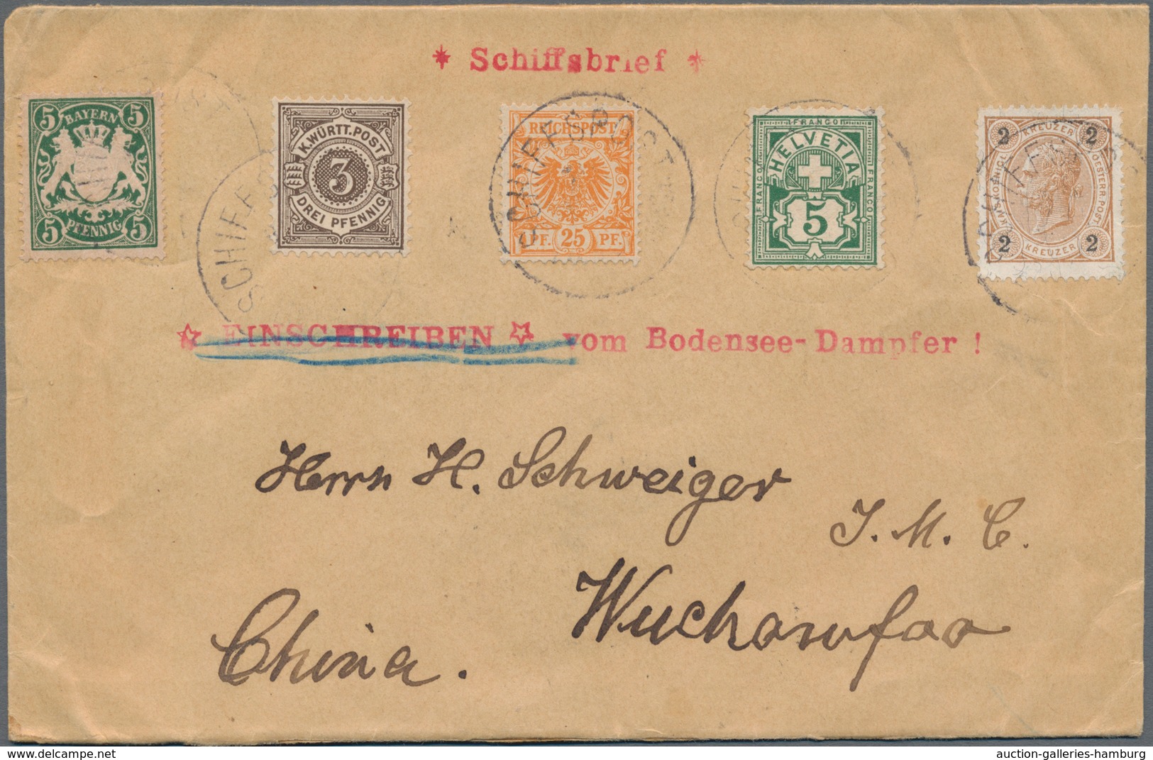 China - Incoming Mail: 1899, "BODENSEE SCHIFFSPOST" Letter With 5-country-franking From All Countrie - Autres & Non Classés