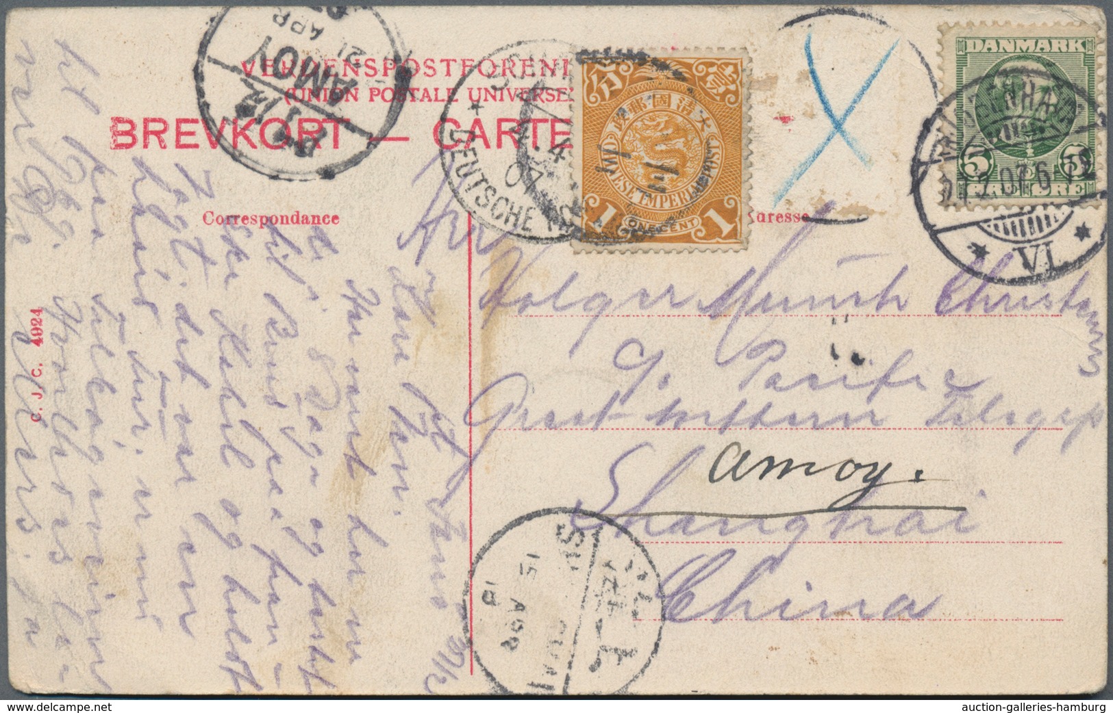 China - Incoming Mail: 1907, Denmark, 5 Oe. Tied "KJOBENHAVN 27.7.07" To Shanghai W. German Posts Ar - Other & Unclassified