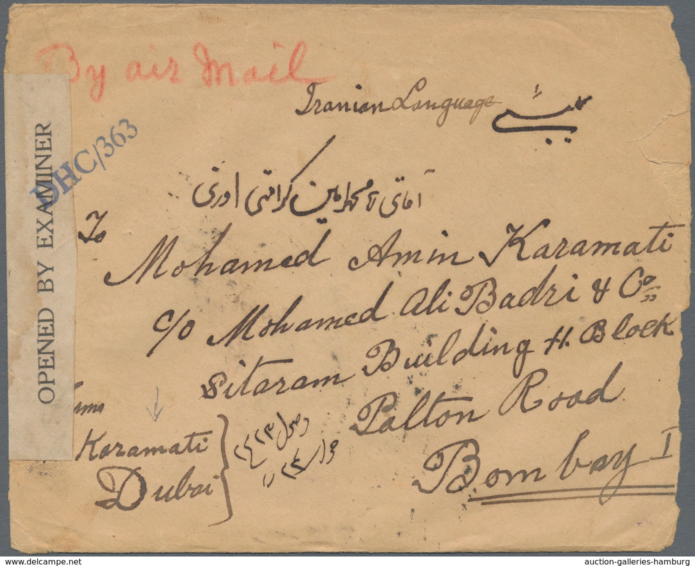Dubai: 1940, 2 As. 6 P. Violet Single On Cover Tied By "DUBAI" Cds., Red Crayon Ms. "by Air Mail" An - Dubai