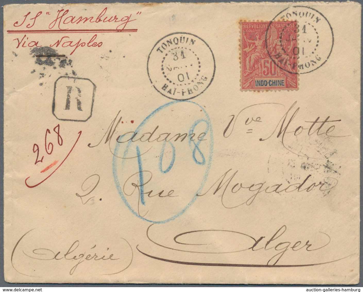 Französisch-Indochina: 1901, Sage 50 C. Tied "HAI-PHONG TONQUIN 31 JANV 01" To Small Size Registered - Briefe U. Dokumente