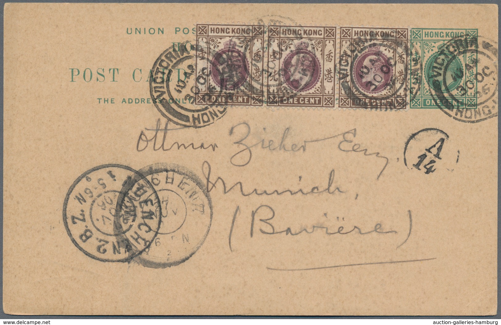 Hongkong - Ganzsachen: 1903, Card KEVII 1 C. Green Uprated 1 C. KEVII Strip-3 Tiedfour Strikes "VICT - Postal Stationery