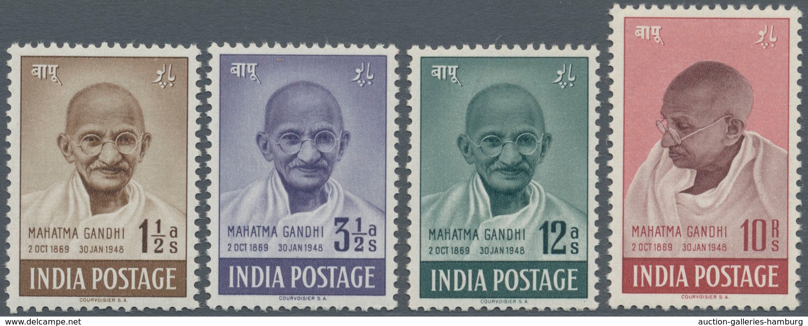 Indien: 1948, Mahatma Gandhi Complete Set To 10r. Mint Lightly Hinged (12a. Minor Ink Flaws On Gum), - 1854 Britische Indien-Kompanie