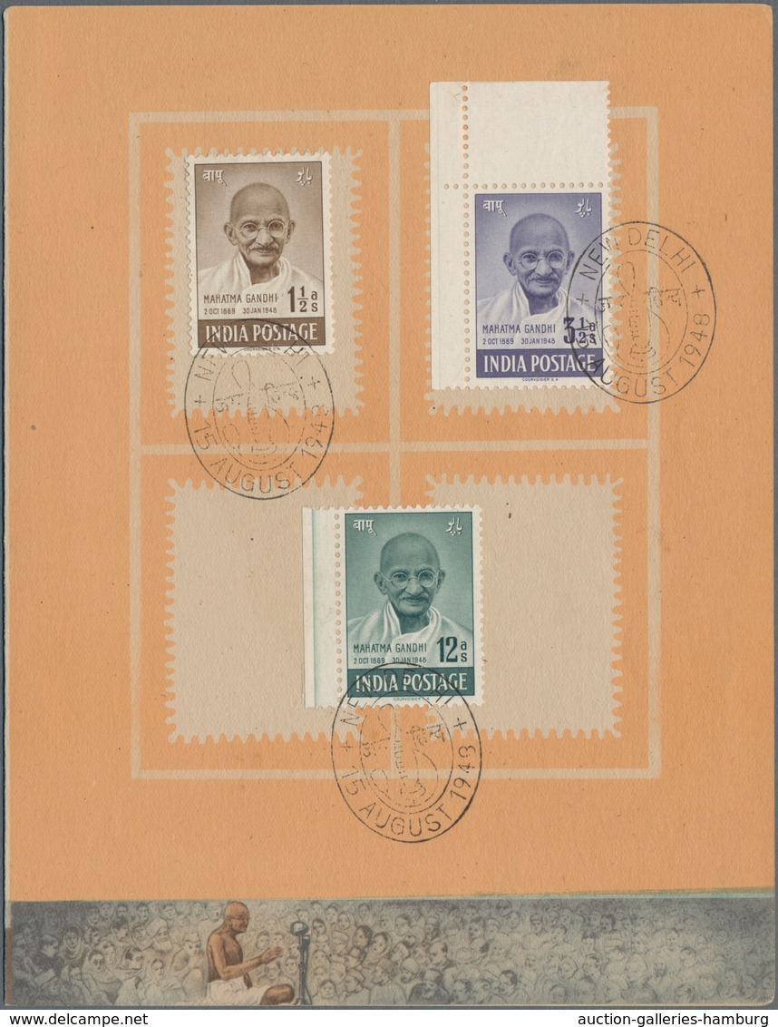 Indien: 1948, FDC, GANDHI Short Set Mounted On Leaves In A Special PRESENTATION FOLDER With First Da - 1854 Britische Indien-Kompanie