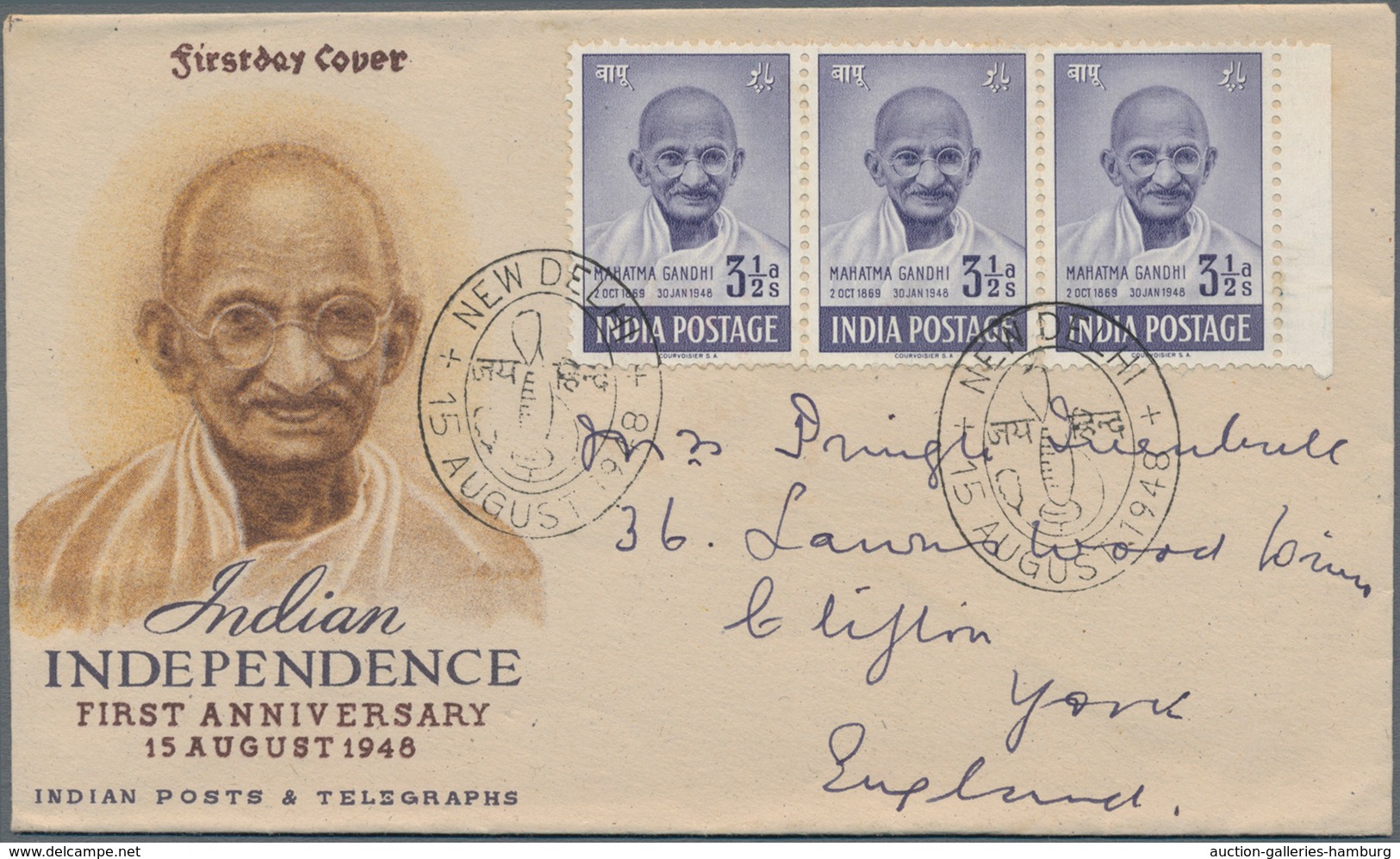 Indien: 1948, FDC, GANDHI 3 1/2 A. Strip Of Three On Illustrated Gandhi First Day Cover To England. - 1854 Britische Indien-Kompanie