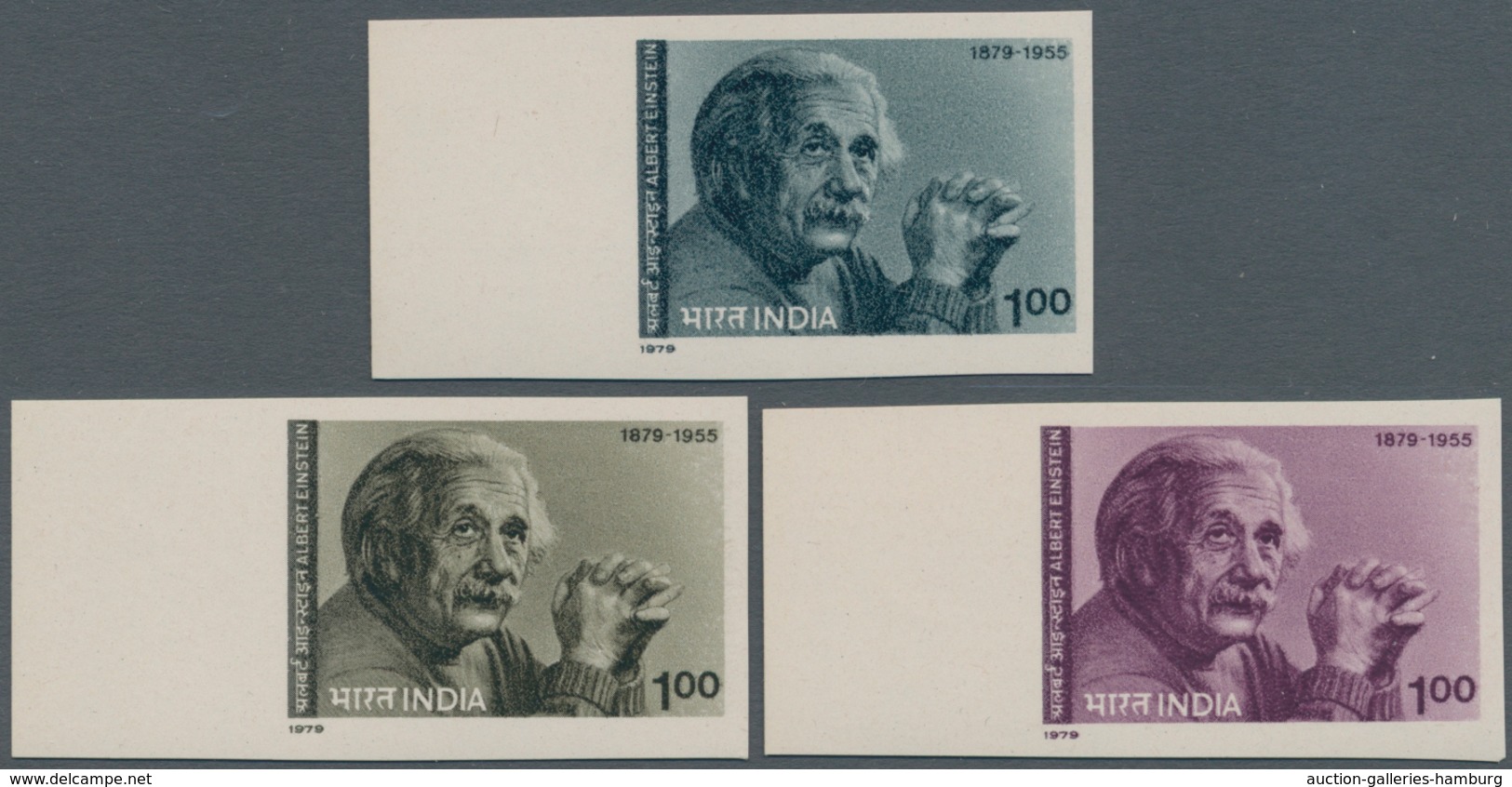 Indien: 1979, Einstein Centenary, 3 Colour Proofs In Sepia Purple And Gray Blue, Imperforate On Thic - 1854 Compañia Británica De Las Indias