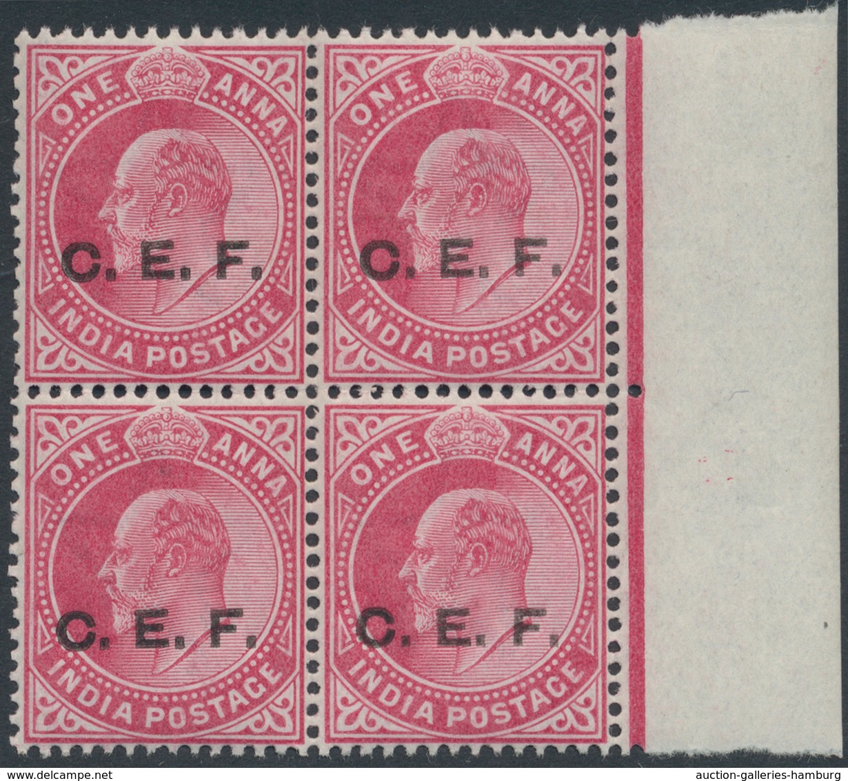 Indien - Indische Polizeitruppen: India, C.E.F., 1905/11, 1 Anna Carmine, A Marginal Block Of 4, Var - Militärpostmarken