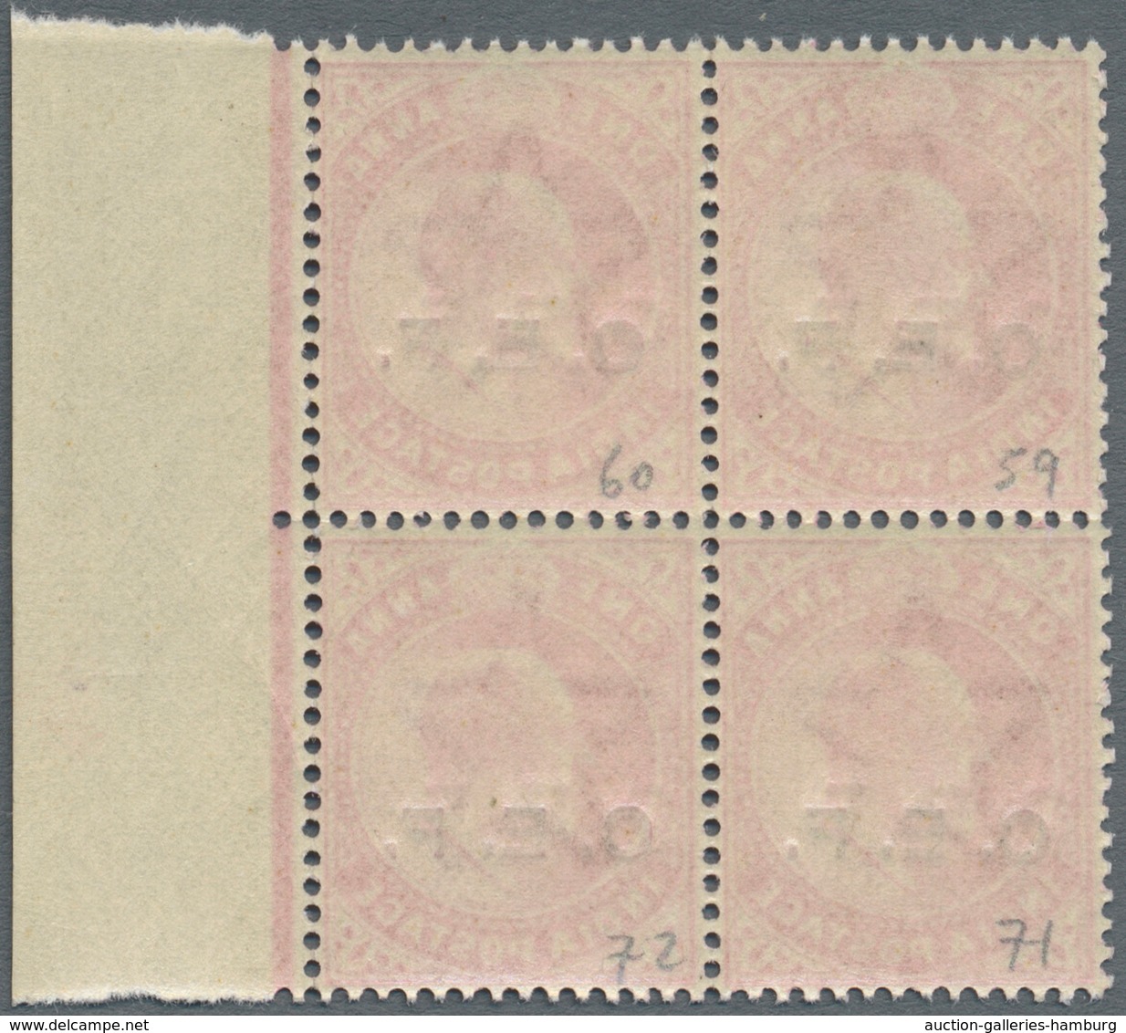 Indien - Indische Polizeitruppen: India, C.E.F., 1905/11, 1 Anna Carmine, A Marginal Block Of 4, Var - Militaire Vrijstelling Van Portkosten