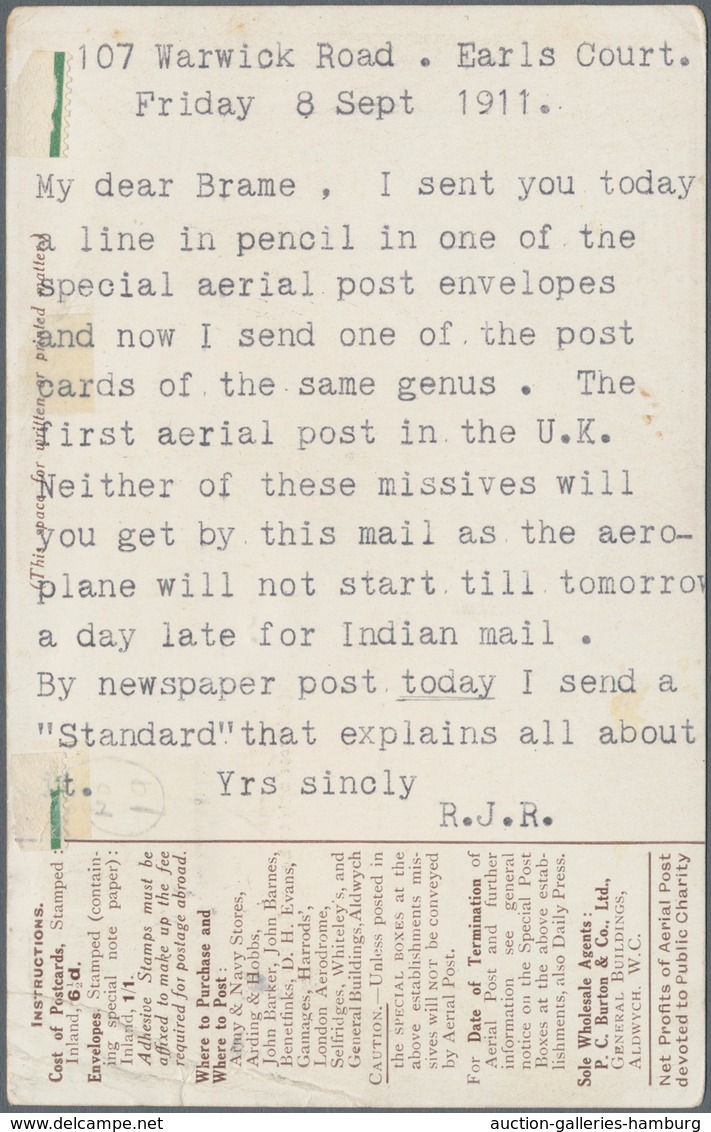 Indien - Besonderheiten: 1911, INCOMING MAIL-GB, "FIRST U.K. AIRIAL POST", Special Event Pictorial P - Sonstige & Ohne Zuordnung