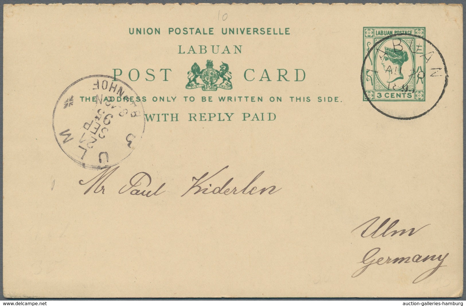 Labuan: 1895. Clean 3c Green Postal Stationery Card With Reply Attached Addressed To Ulm Cancelled L - Sonstige & Ohne Zuordnung