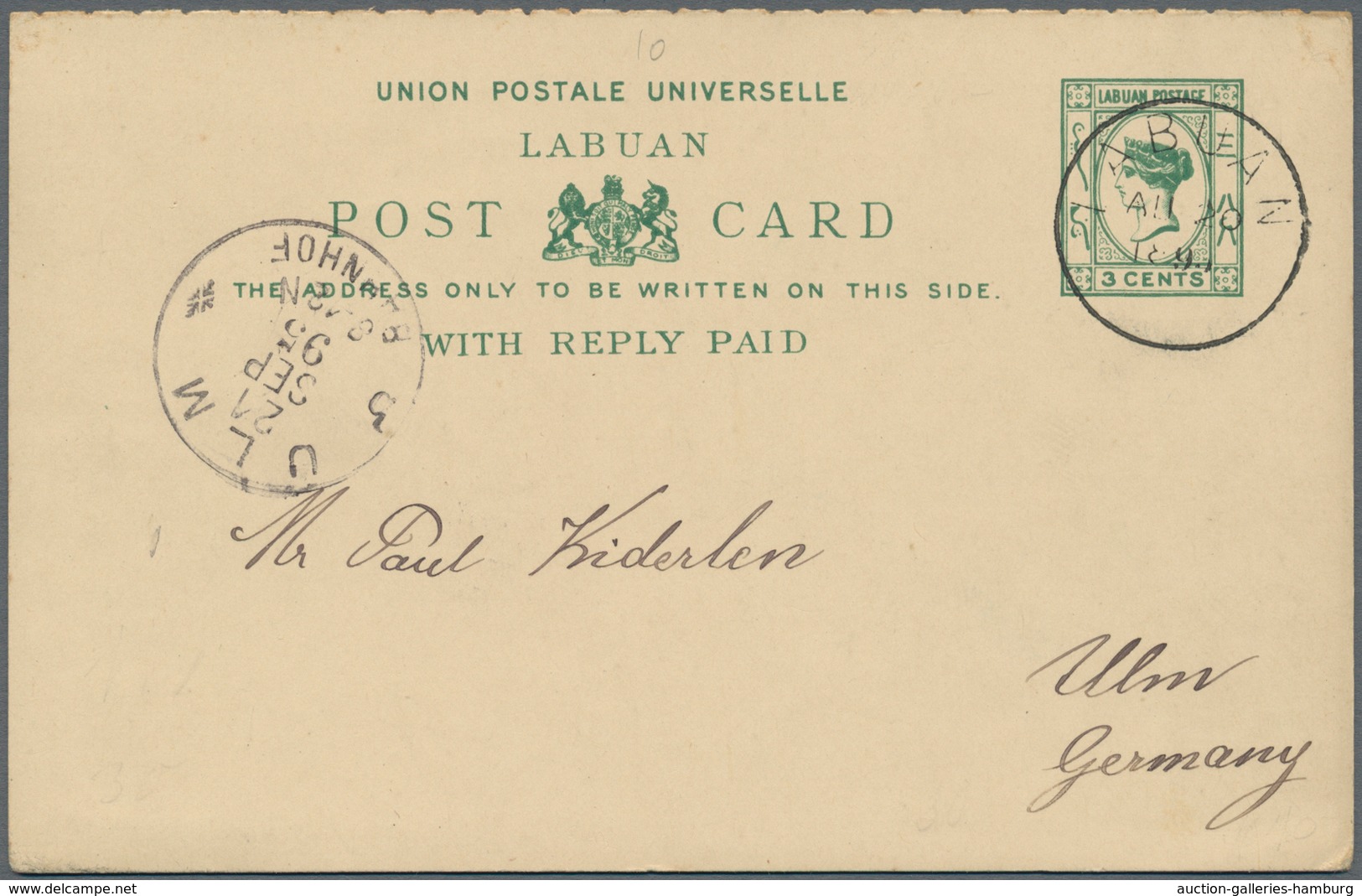 Labuan: 1895. Clean 3c Green Postal Stationery Card With Reply Attached Addressed To Ulm Cancelled L - Autres & Non Classés