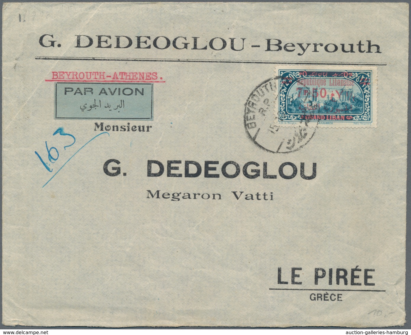 Libanon: 1929 Airmail Cover From Beyrouth To Piraeus, Greece By Beyrouth-Athens Flight, Franked On F - Libanon