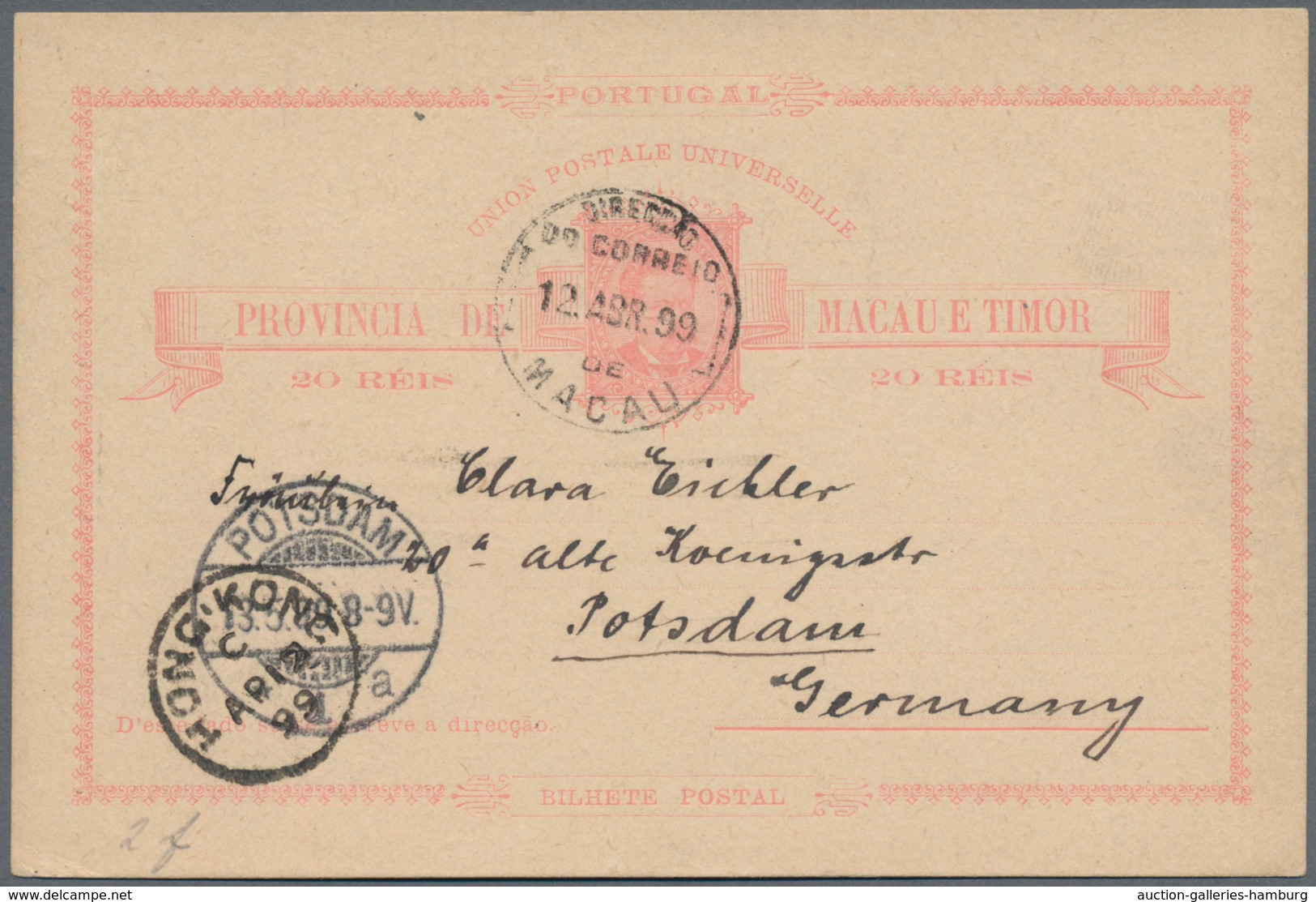 Macau - Ganzsachen: 1899/1914, Card Carlos 20 R. Canc. "MACAU 12.ABR.99" Via Hong Kong To Potsdam/Ge - Postal Stationery