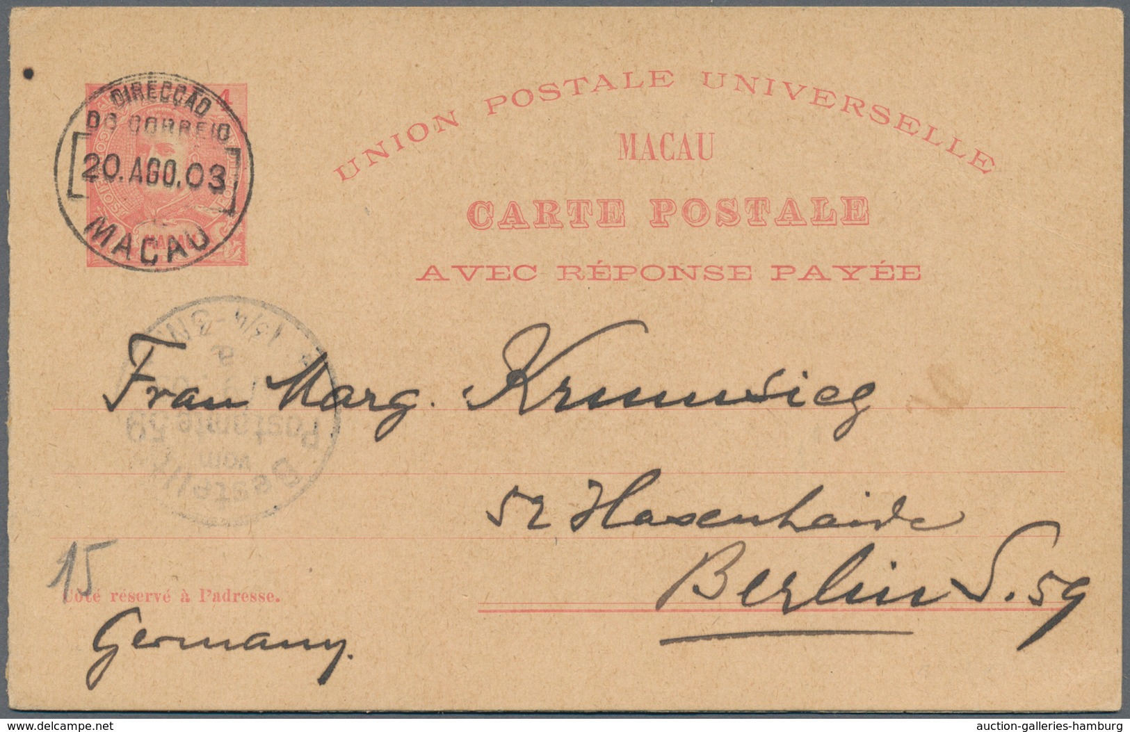 Macau - Ganzsachen: 1900, UPU Cards Single 4 Av. And Double 4 + 4 Av. Both Used "MACAU 30. AGO 03" V - Postal Stationery