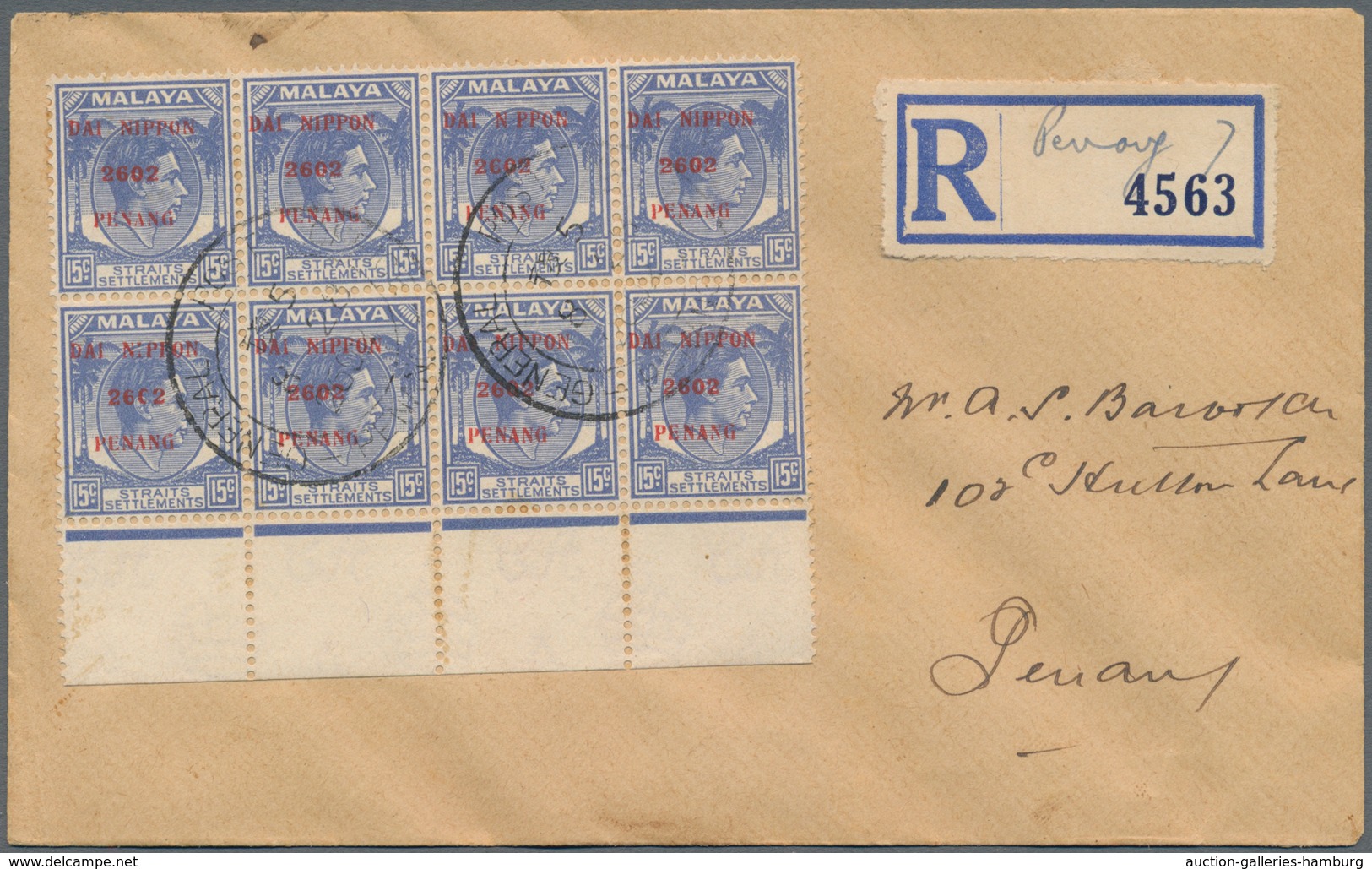 Malaiische Staaten - Straits Settlements: 1942 (ca). Japanese Occupation Marginal Block Of 8 15c Ove - Straits Settlements