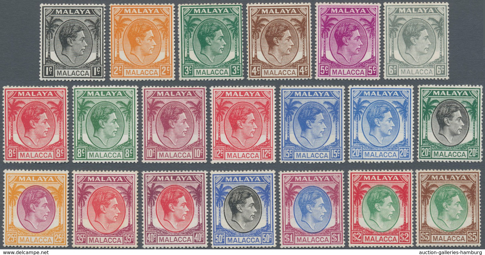 Malaiische Staaten - Malakka: 1949/1952, KGVI Definitives Complete Set Of 20, Mint Lightly Hinged, S - Malacca