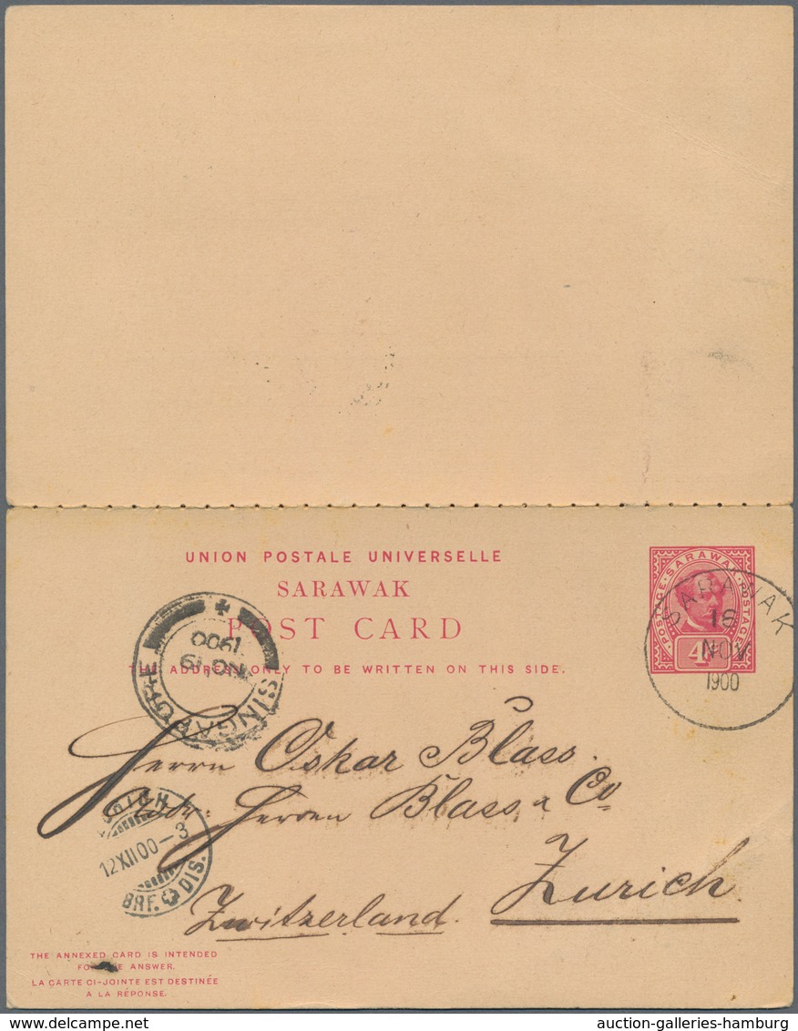 Malaiische Staaten - Sarawak: 1897/1900, Postal Stationery Double Card 4+4c. Carmine And P/s Card 3c - Other & Unclassified