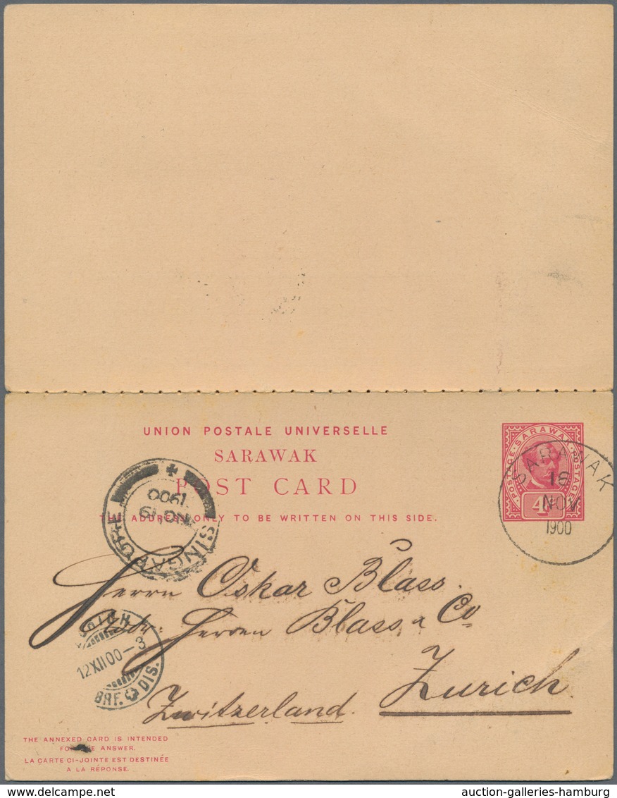 Malaiische Staaten - Sarawak: 1897/1900, Postal Stationery Double Card 4+4c. Carmine And P/s Card 3c - Autres & Non Classés