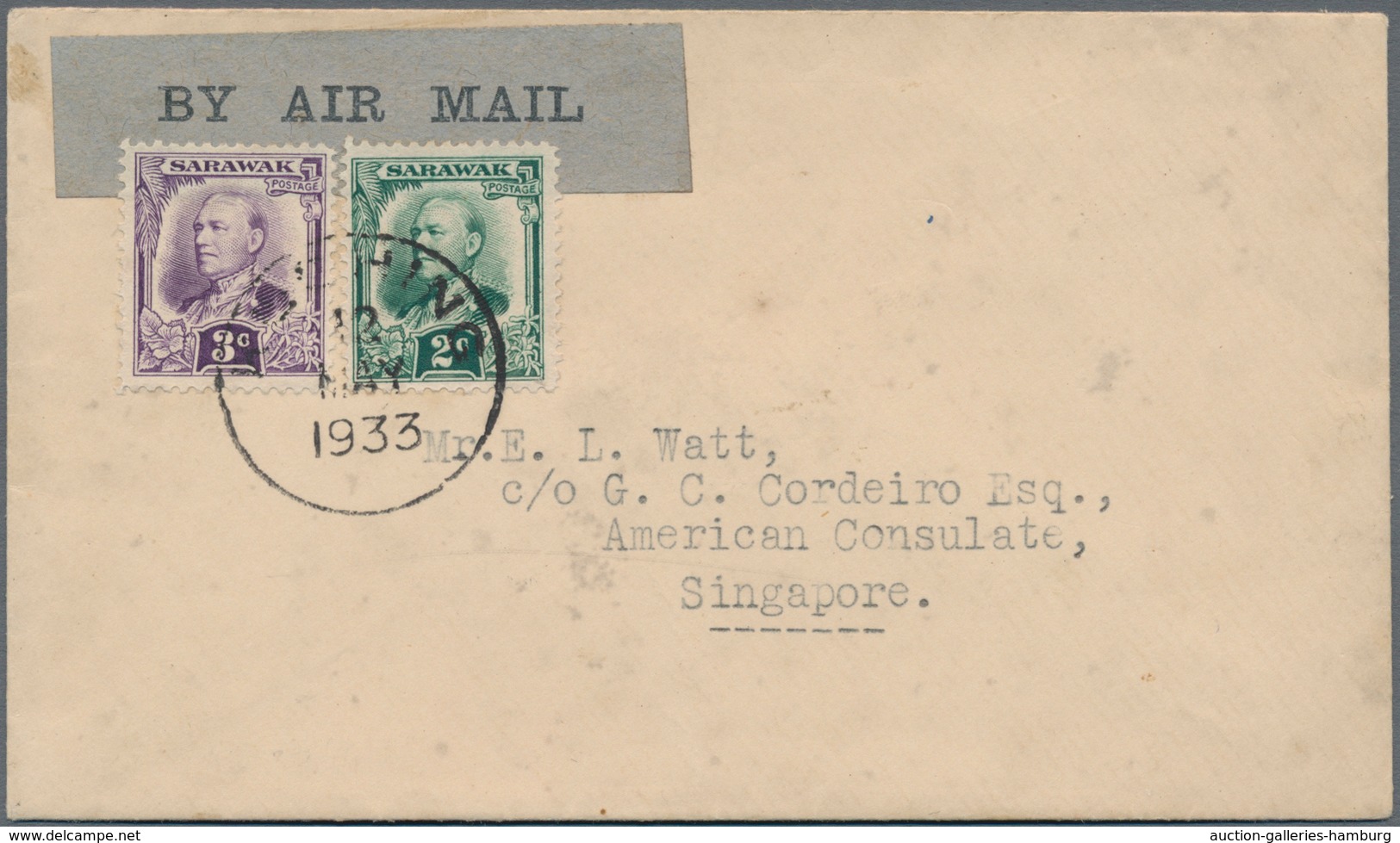 Malaiische Staaten - Sarawak: 1933, Air Mail Letter From KUCHING To Singapore With Arrival Mark On R - Otros & Sin Clasificación