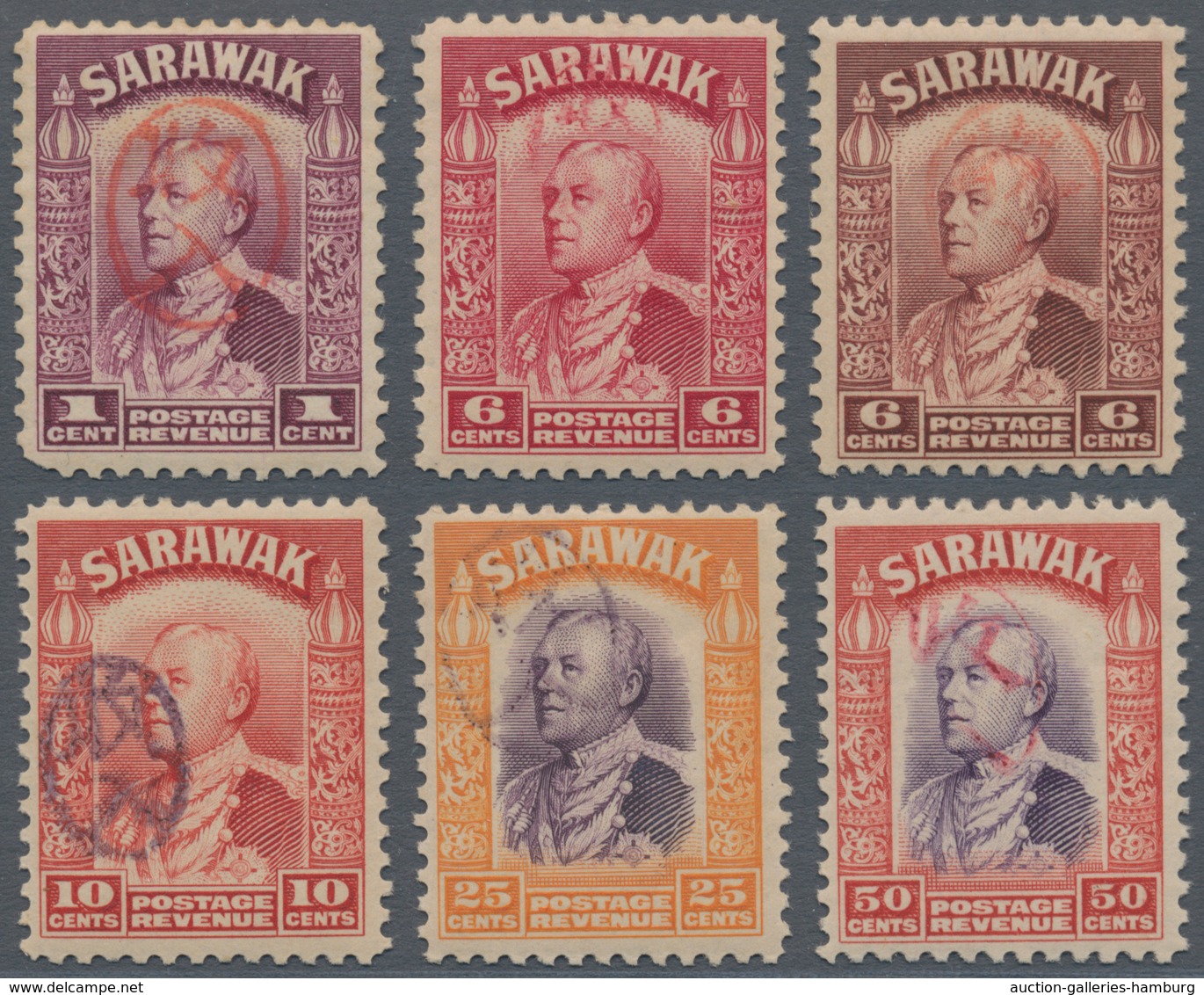 Malaiische Staaten - Sarawak: 1942 Jap. Occ. Receipt Stamps: Six Sir Charles Vyner Brooks Postage & - Sonstige & Ohne Zuordnung