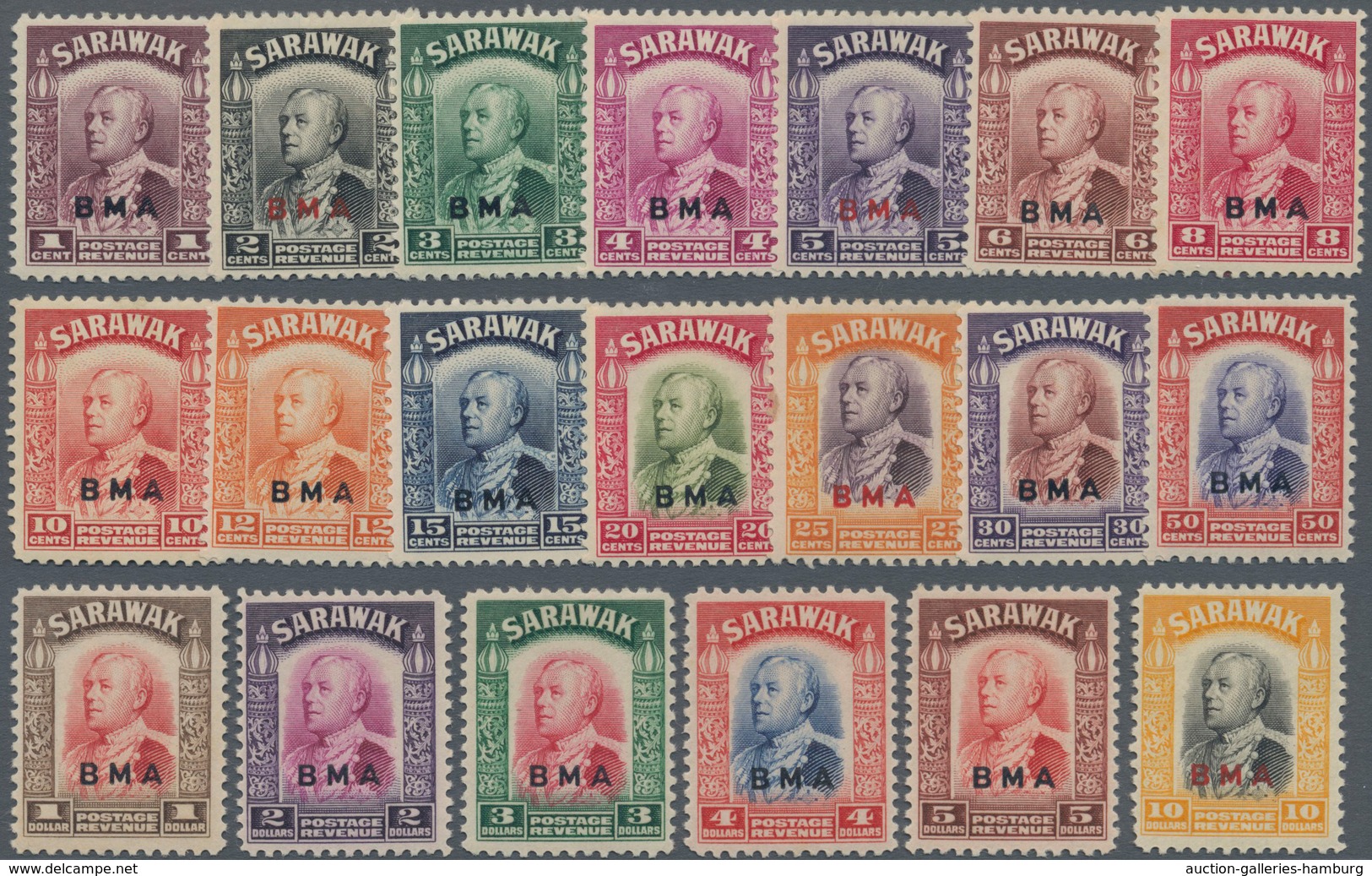 Malaiische Staaten - Sarawak: 1945, Sir Charles Vyner Brooke With BMA Opt. Complete Set Of 20, Mint - Autres & Non Classés